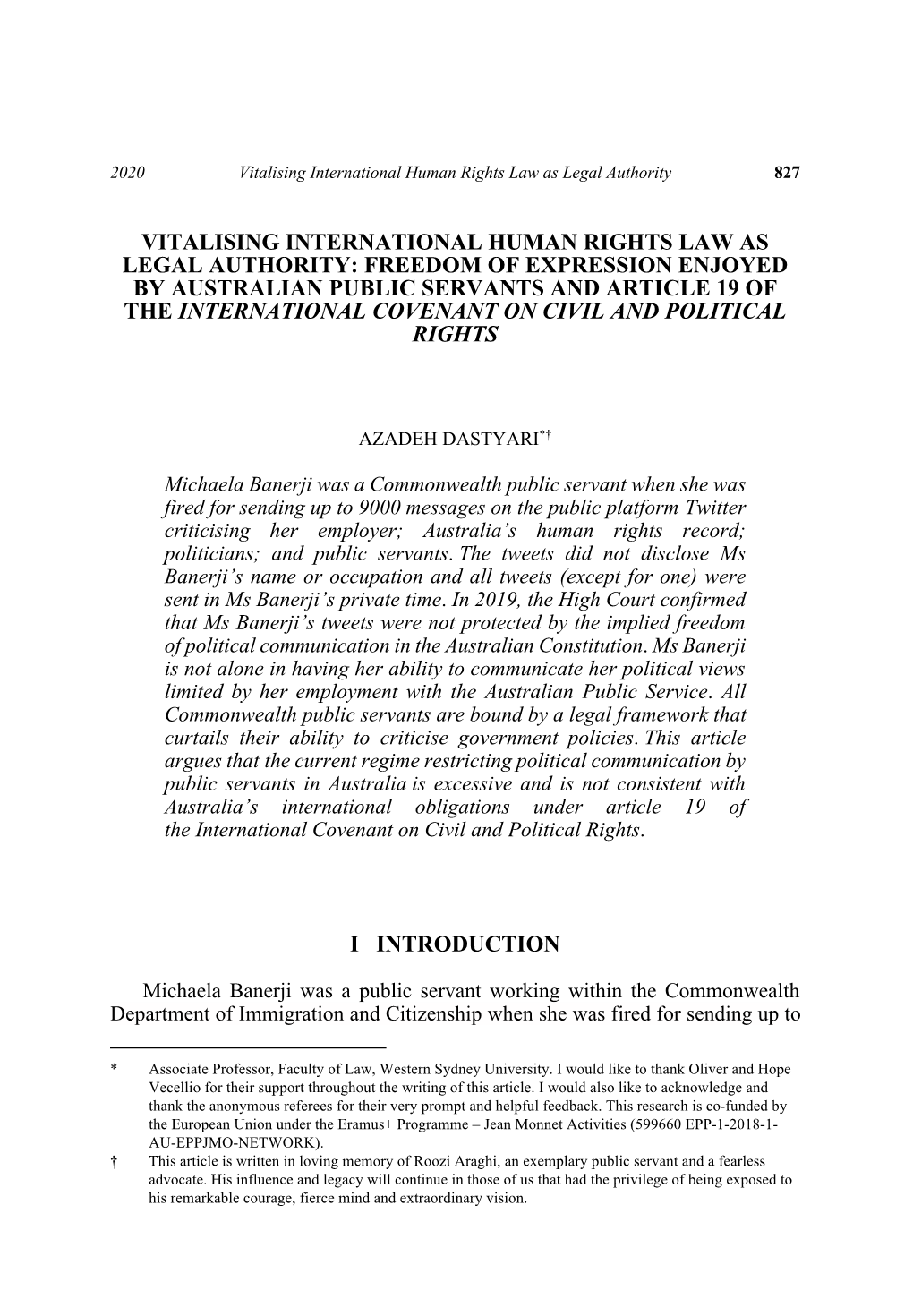 Vitalising International Human Rights Law As Legal Authority: Freedom of Expression Enjoyed by Australian Public Servants and Ar