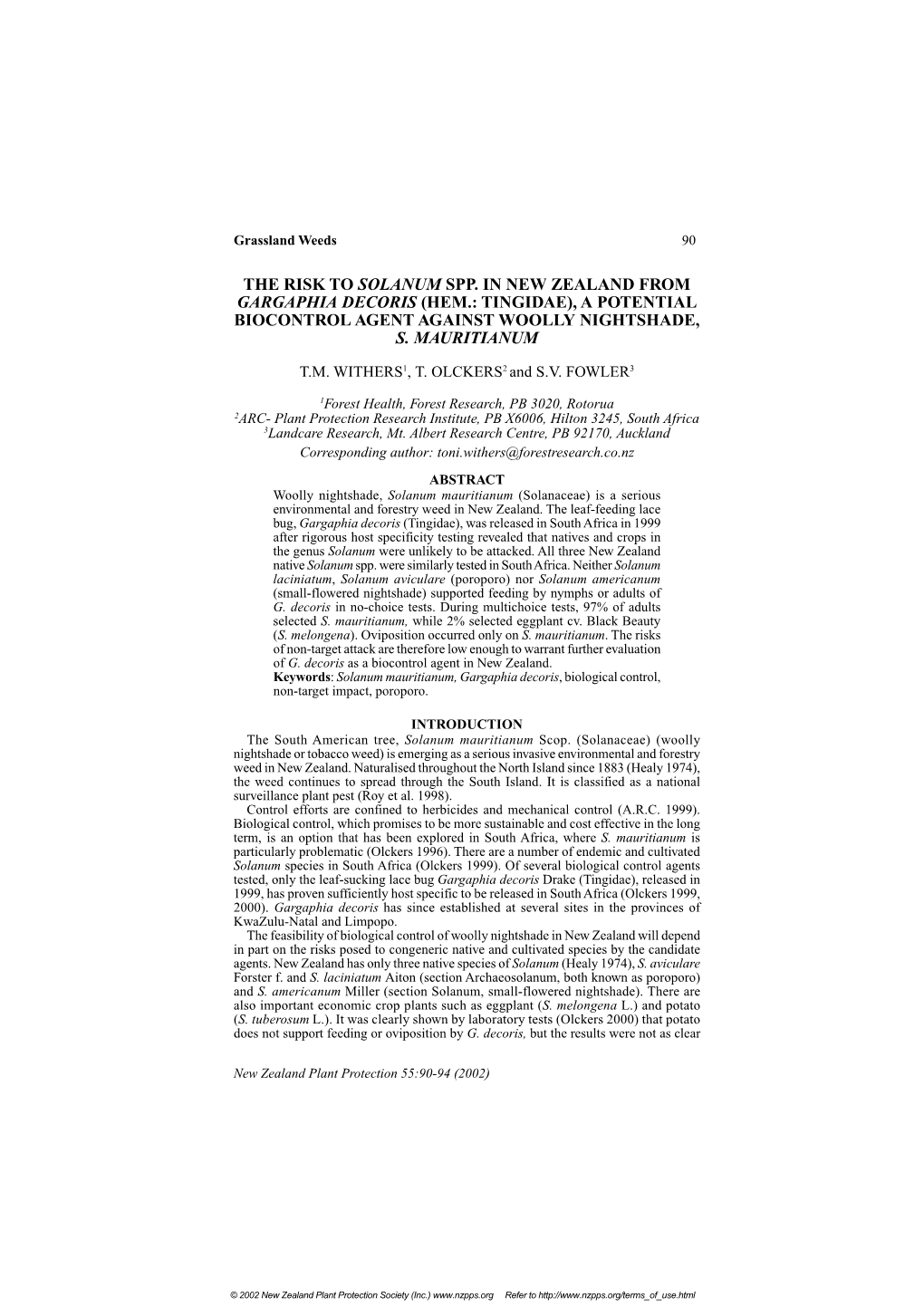 Hem.: Tingidae), a Potential Biocontrol Agent Against Woolly Nightshade, S