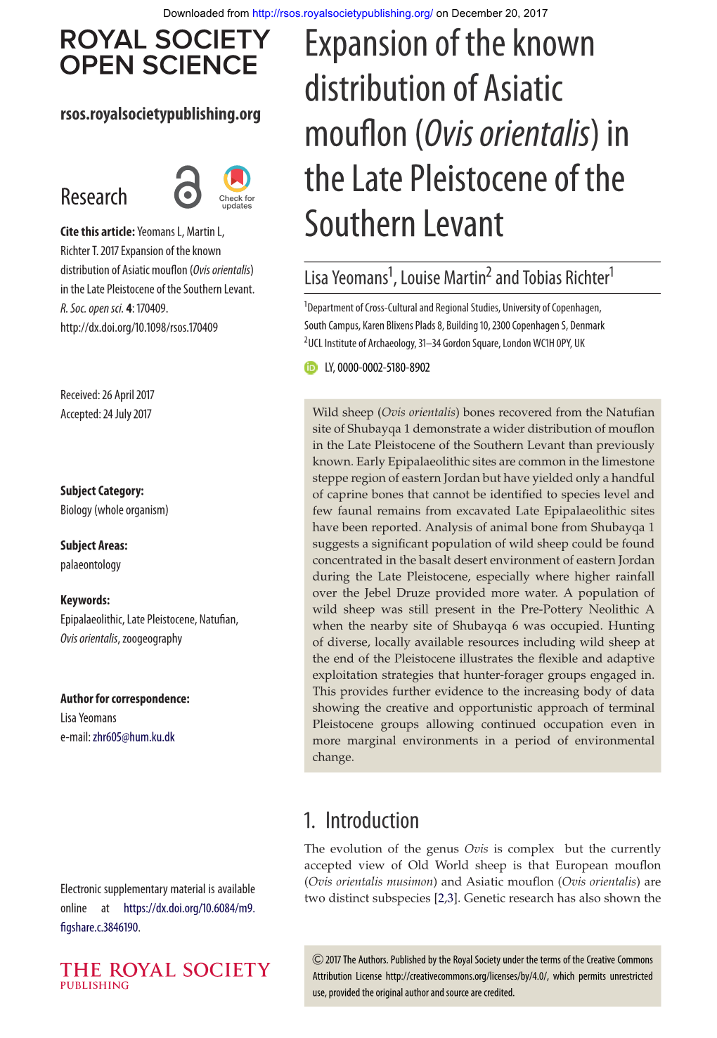 (Ovis Orientalis) in the Late Pleistocene of the Southern Levant