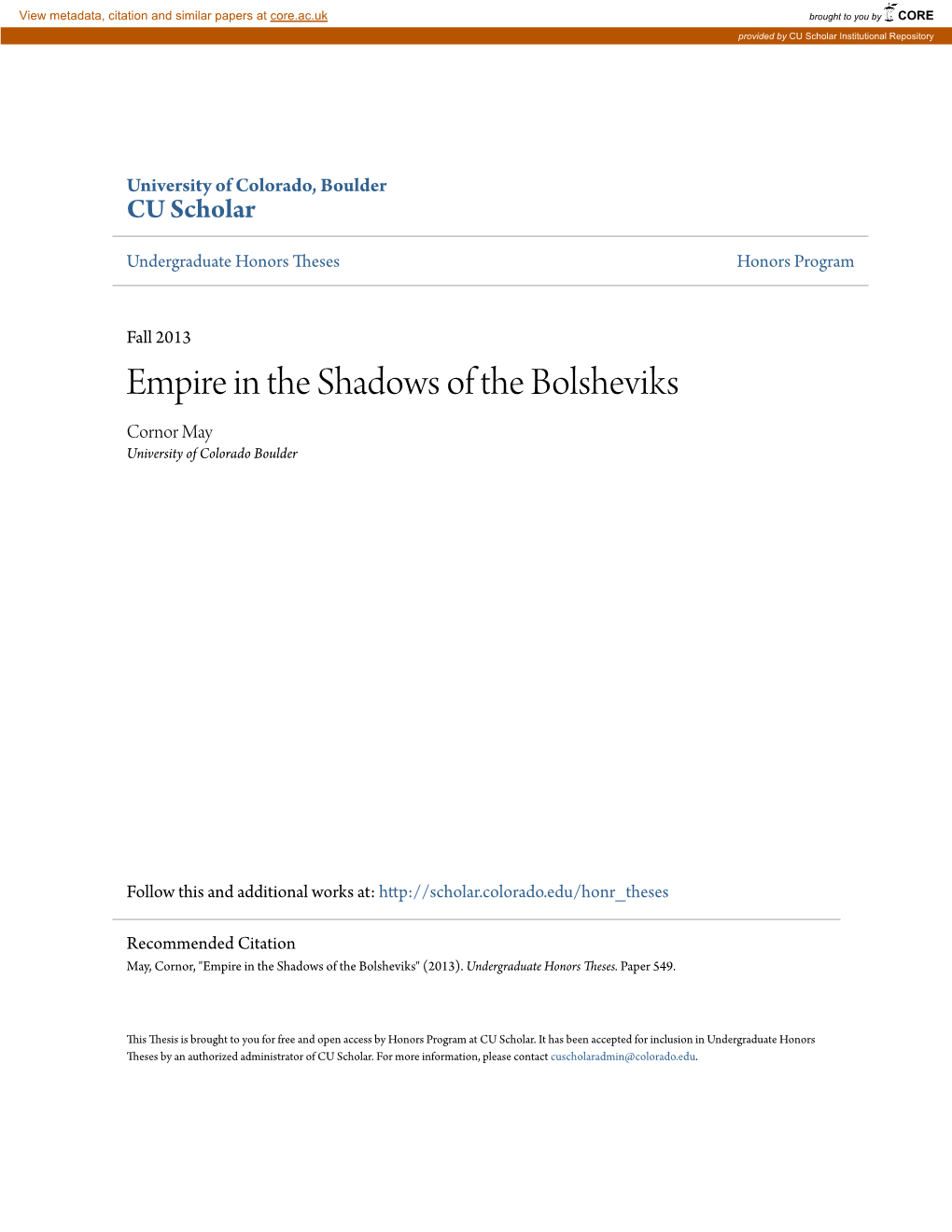 Empire in the Shadows of the Bolsheviks Cornor May University of Colorado Boulder