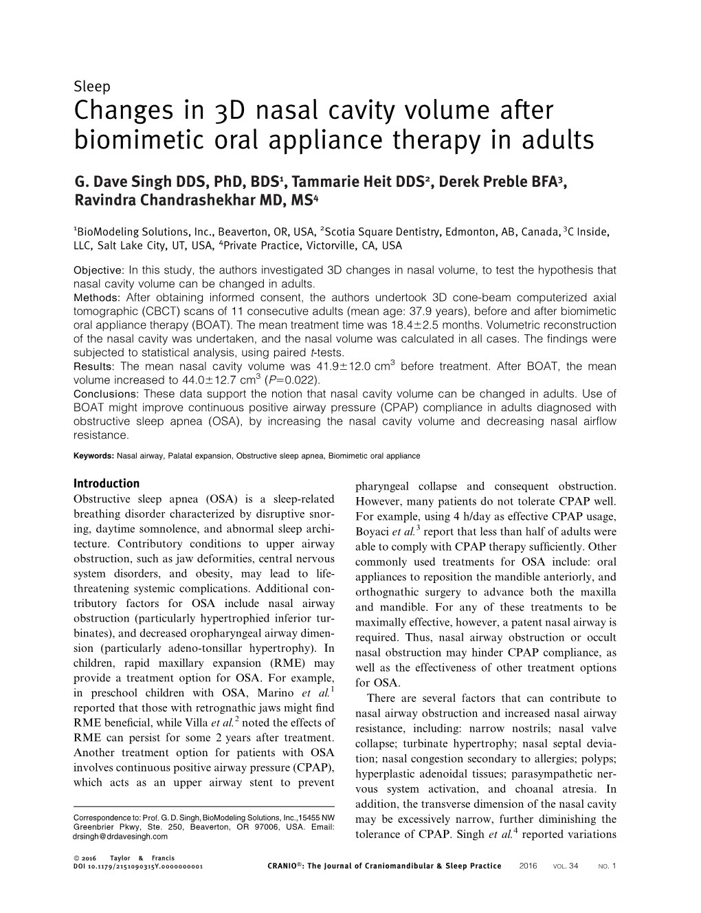 Changes in 3D Nasal Cavity Volume After Biomimetic Oral Appliance Therapy in Adults