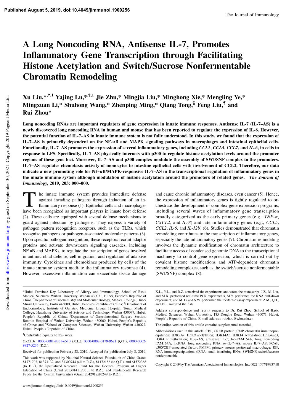 A Long Noncoding RNA, Antisense IL-7, Promotes Inflammatory Gene Transcription Through Facilitating Histone Acetylation and Swit