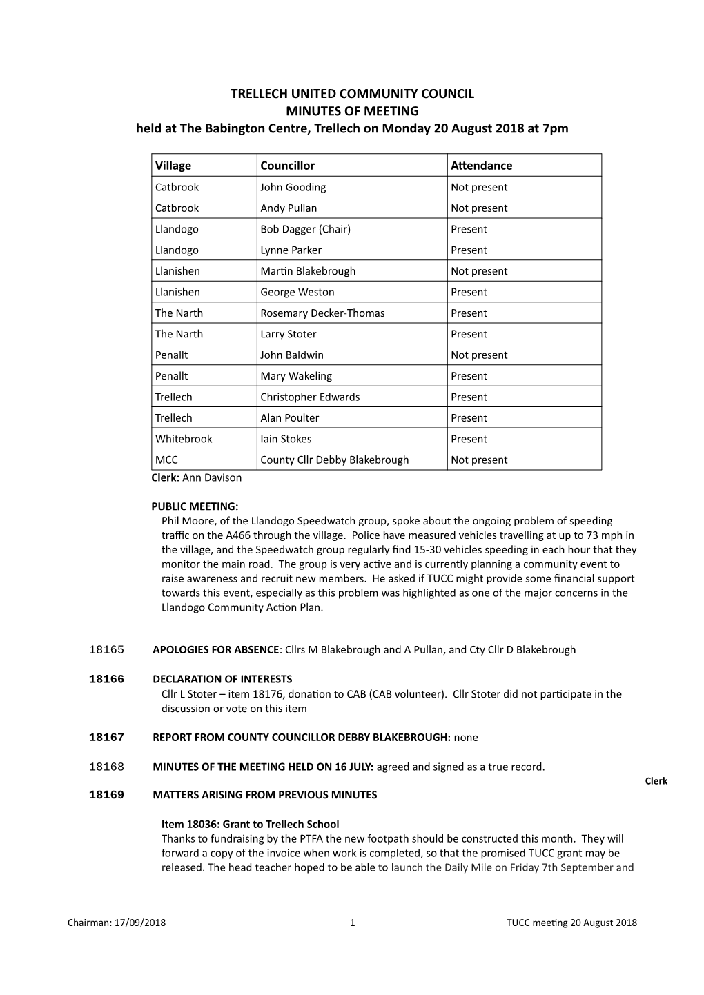 TRELLECH UNITED COMMUNITY COUNCIL MINUTES of MEETING Held at the Babington Centre, Trellech on Monday 20 August 2018 at 7Pm