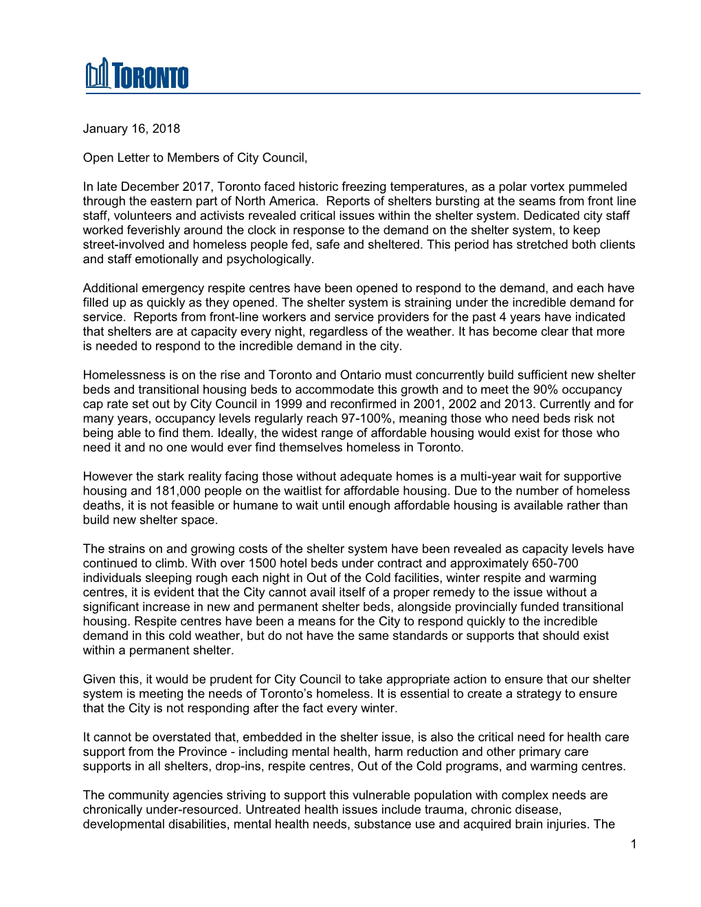 1 January 16, 2018 Open Letter to Members of City Council, in Late December 2017, Toronto Faced Historic Freezing Temperatures