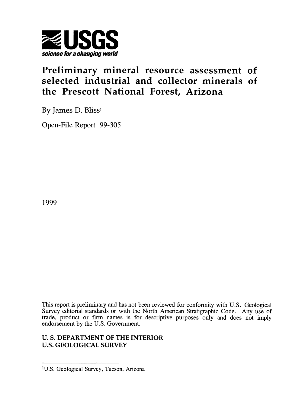 Preliminary Mineral Resource Assessment of Selected Industrial and Collector Minerals of the Prescott National Forest, Arizona