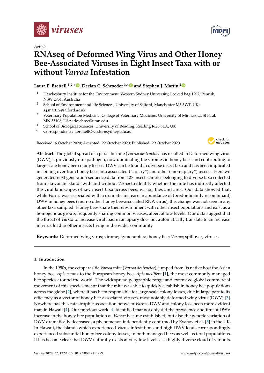 Rnaseq of Deformed Wing Virus and Other Honey Bee-Associated Viruses in Eight Insect Taxa with Or Without Varroa Infestation