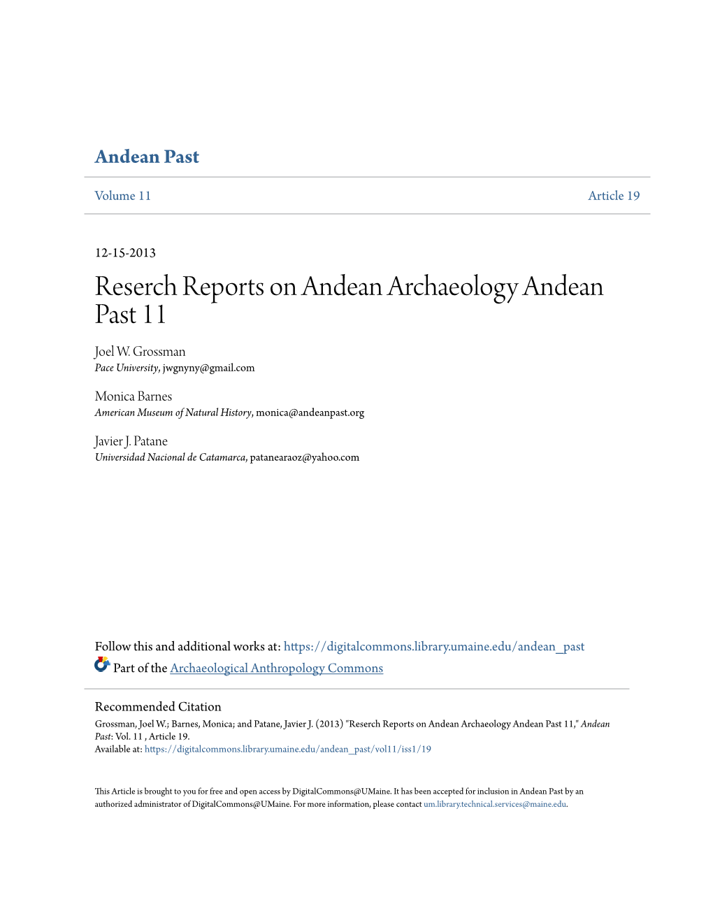 Reserch Reports on Andean Archaeology Andean Past 11 Joel W