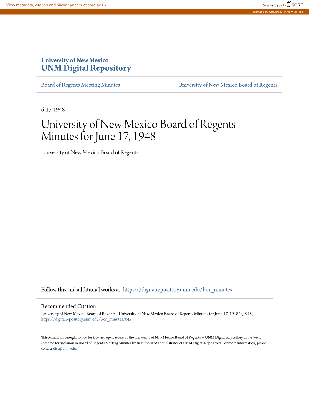 University of New Mexico Board of Regents Minutes for June 17, 1948 University of New Mexico Board of Regents