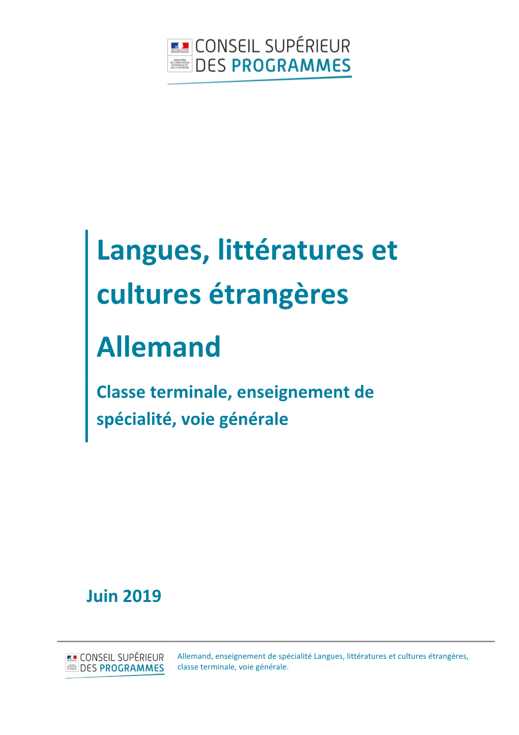 Langues, Littératures Et Cultures Étrangères Allemand Classe Terminale, Enseignement De Spécialité, Voie Générale