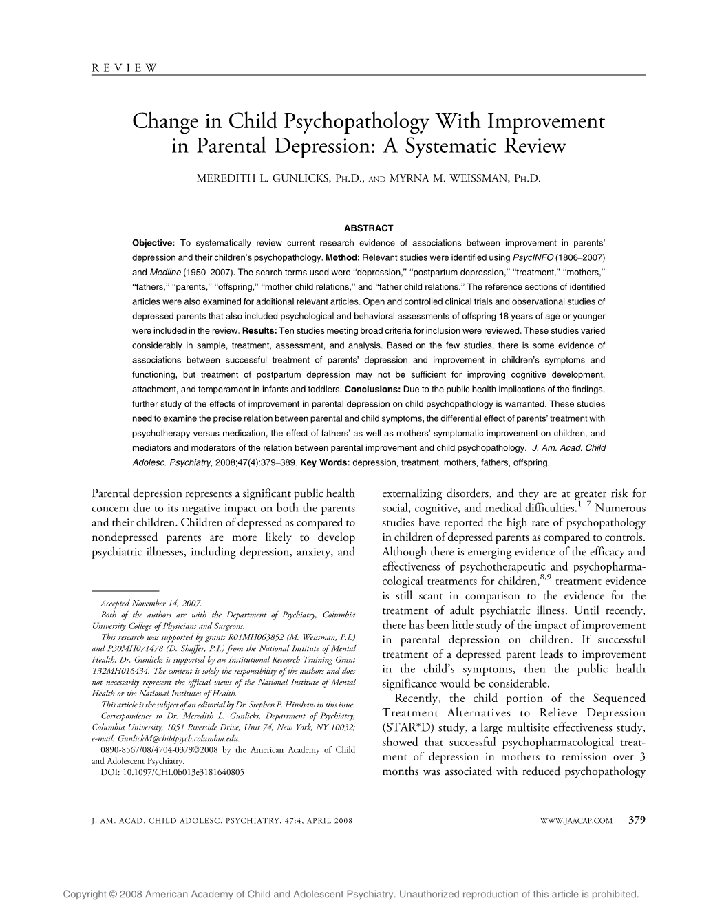Change in Child Psychopathology with Improvement in Parental Depression: a Systematic Review