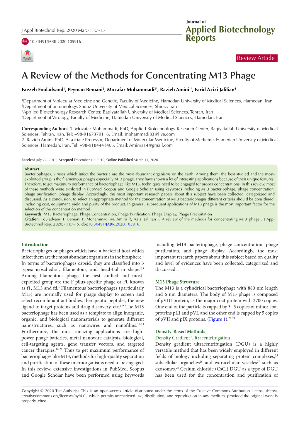 A Review of the Methods for Concentrating M13 Phage