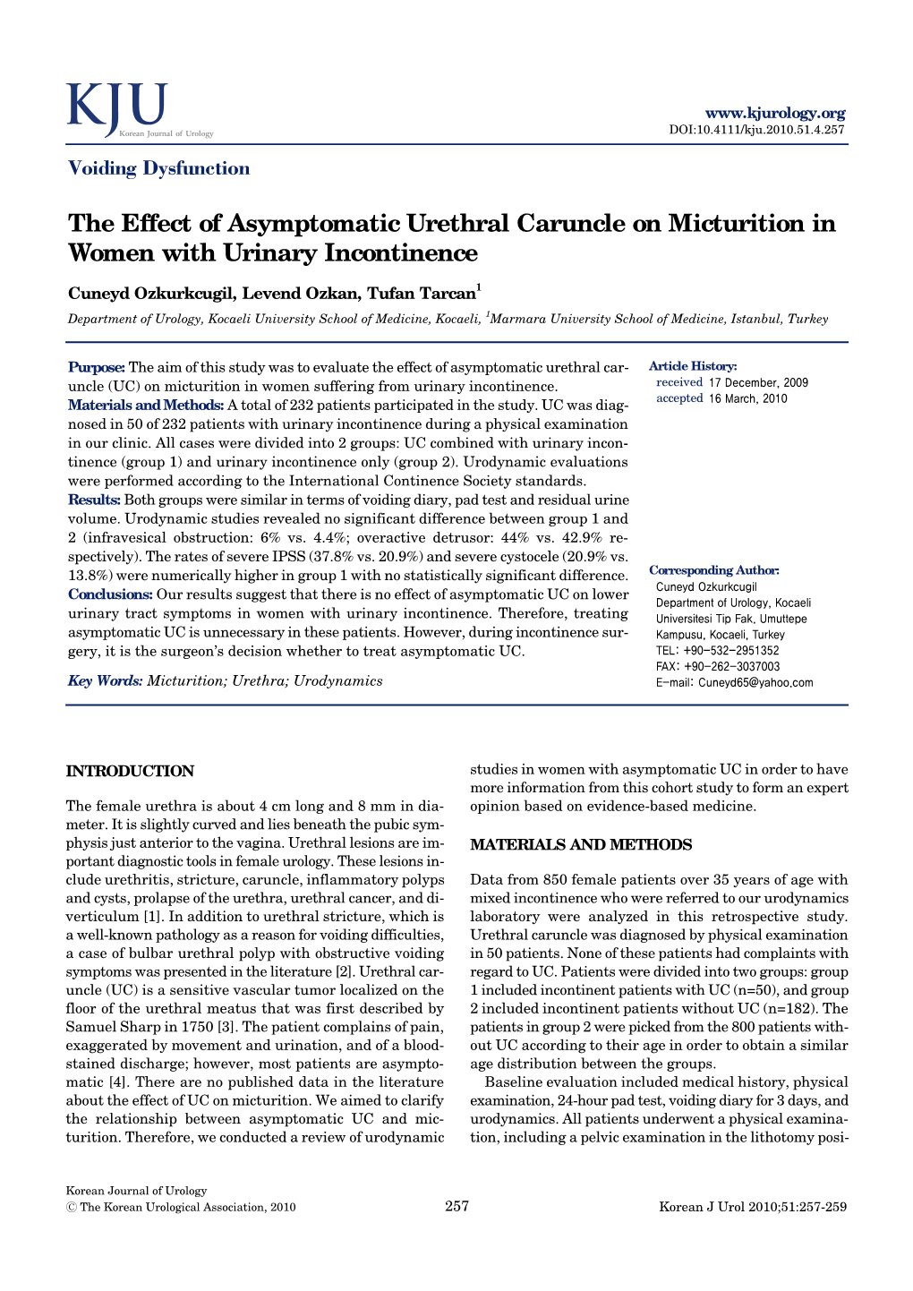 The Effect of Asymptomatic Urethral Caruncle on Micturition in Women with Urinary Incontinence