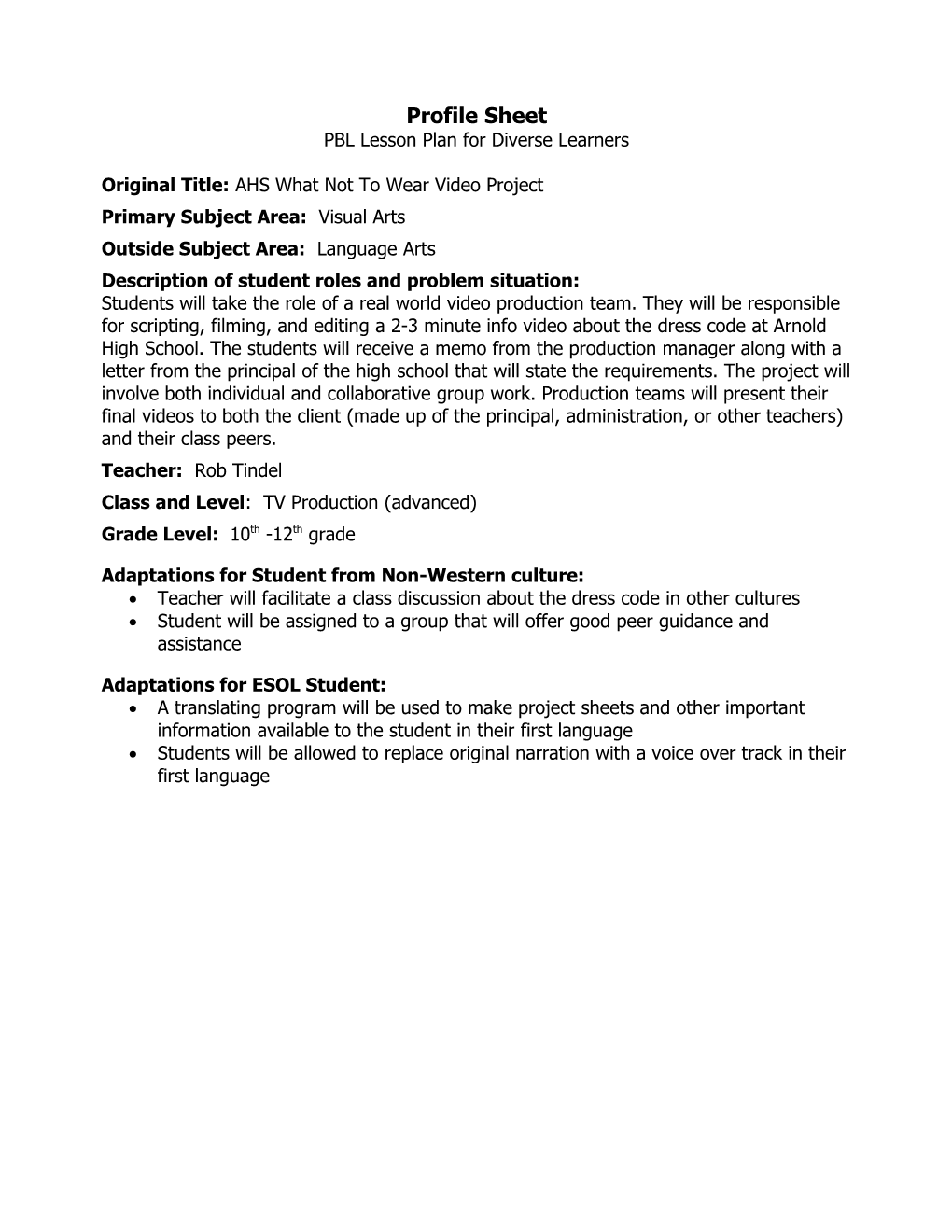 Title, Learner Characteristics, and Sunshine State Standards Sample Component