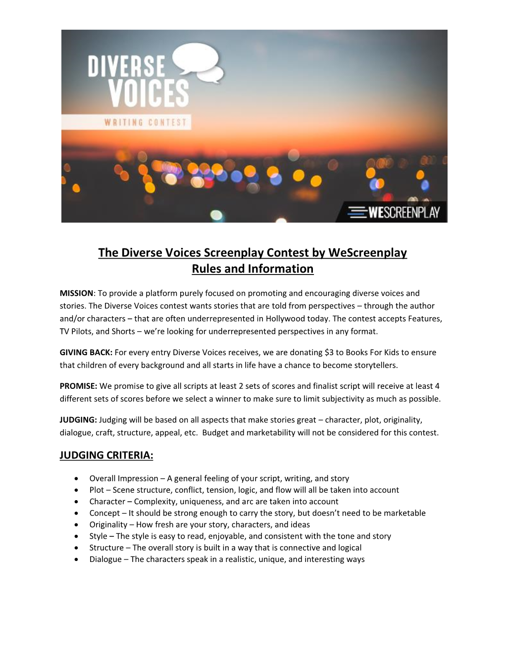 The Diverse Voices Screenplay Contest by Wescreenplay Rules and Information