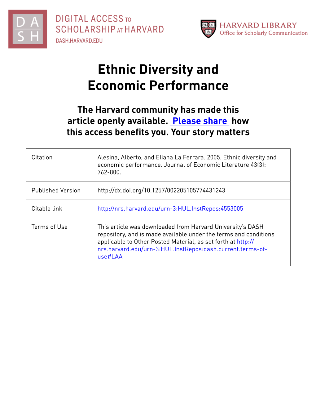 Ethnic Diversity and Economic Performance