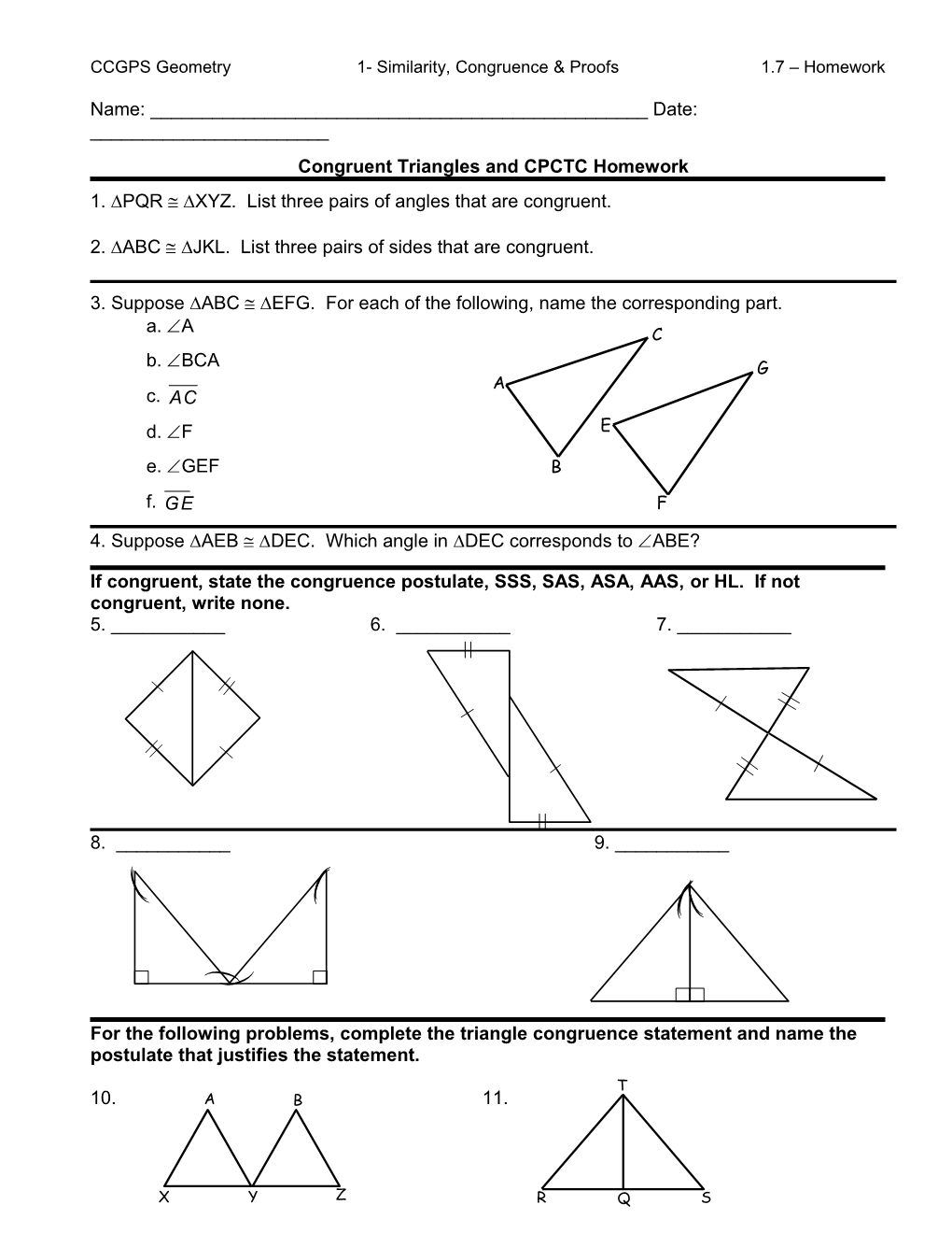 Congruent Triangles and CPCTC Homework