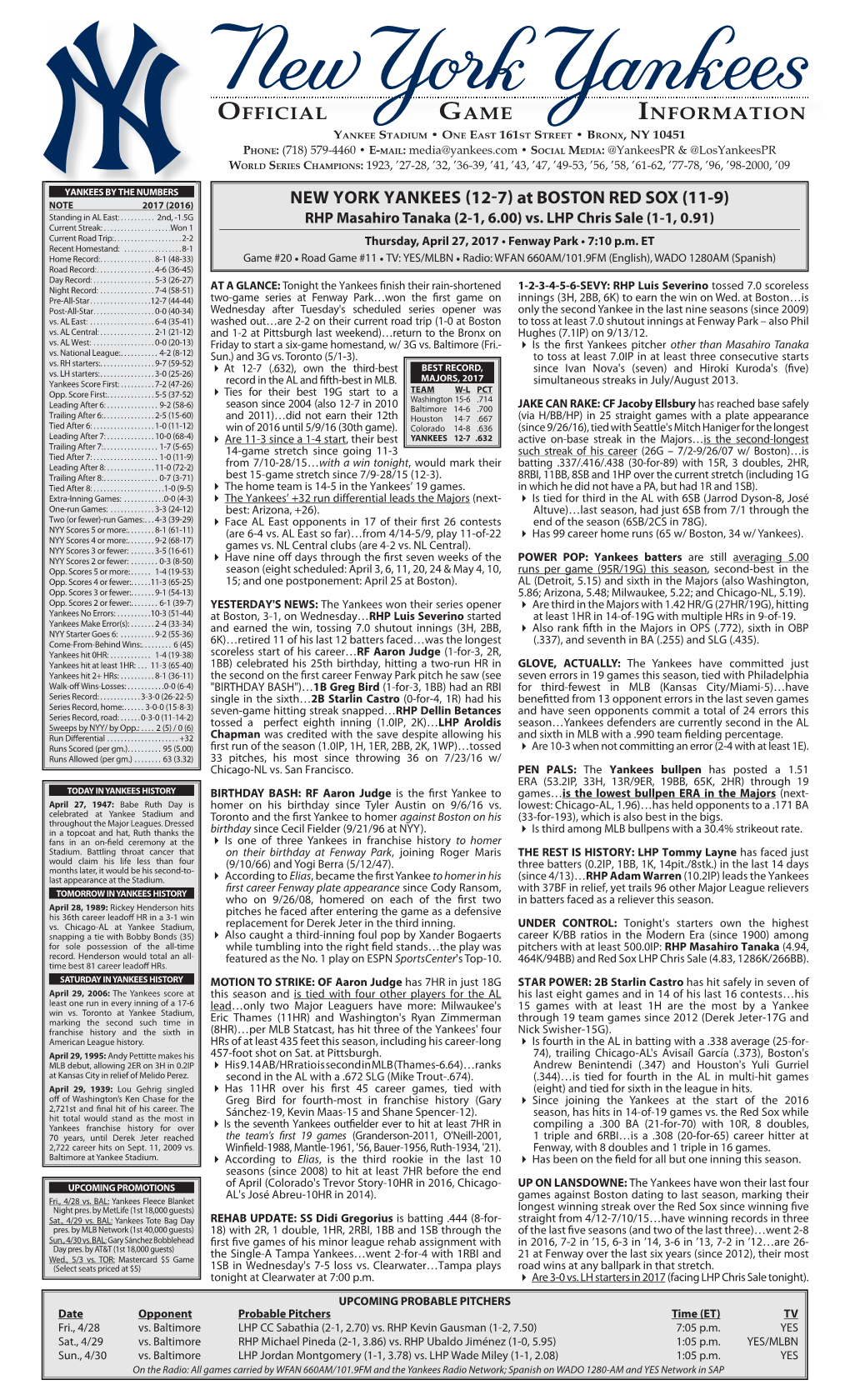 NYY Game Notes