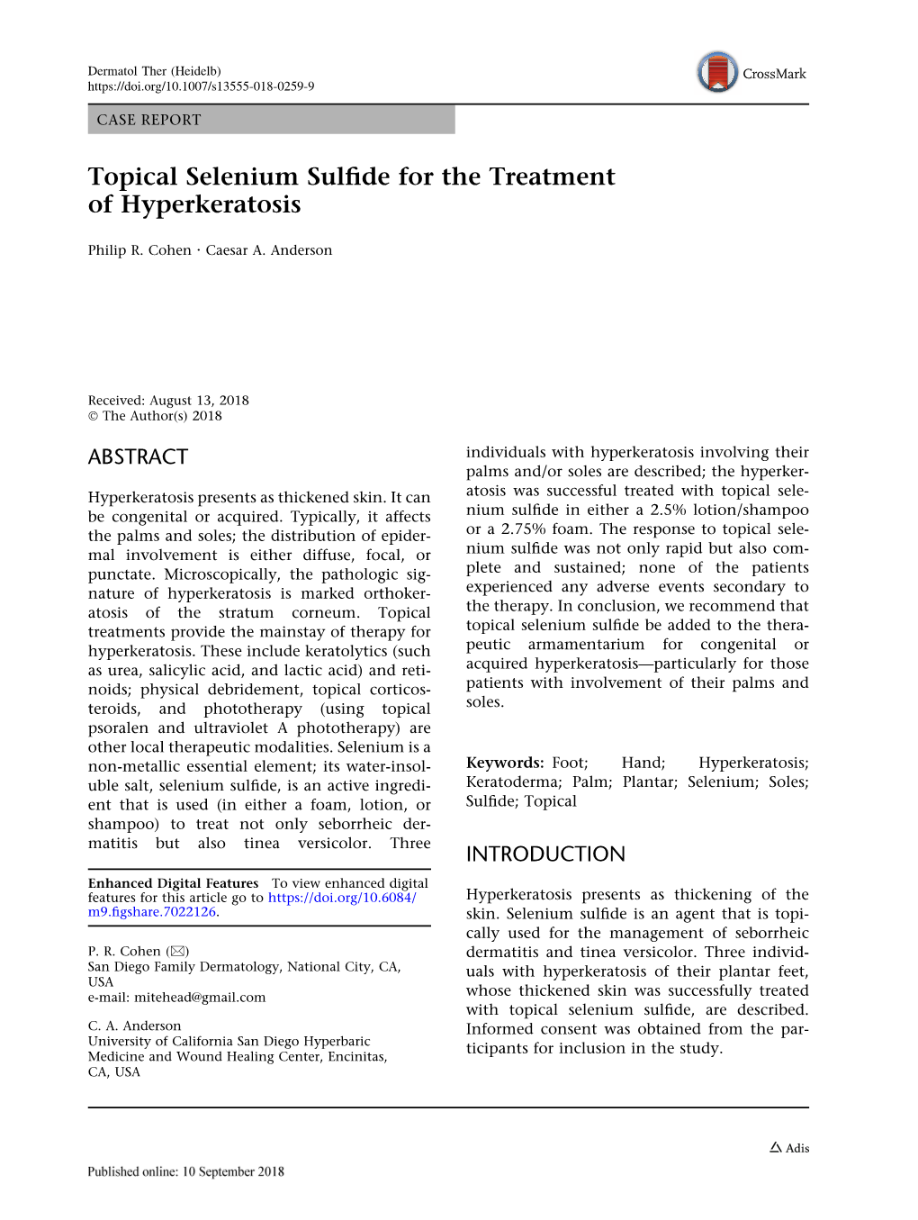 Topical Selenium Sulfide for the Treatment of Hyperkeratosis