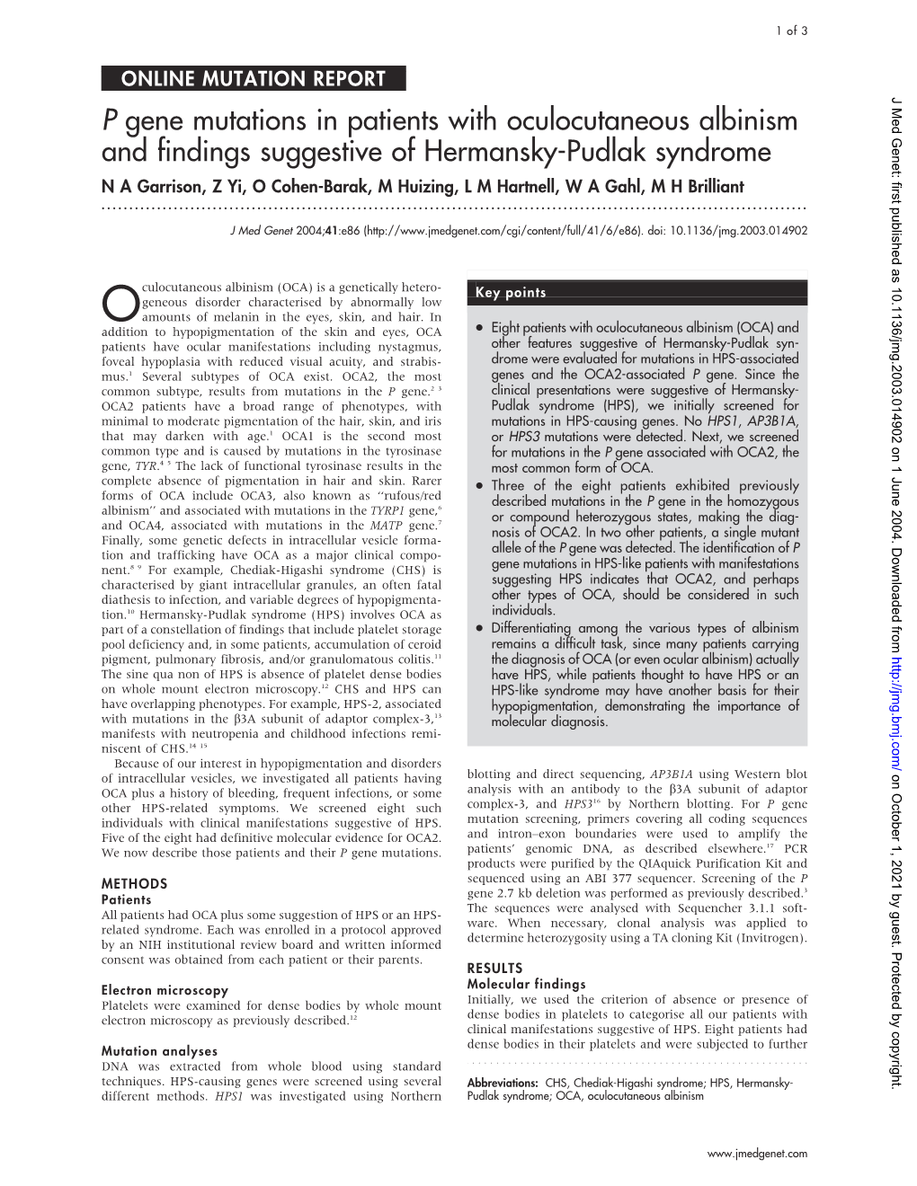 P Gene Mutations in Patients with Oculocutaneous Albinism And