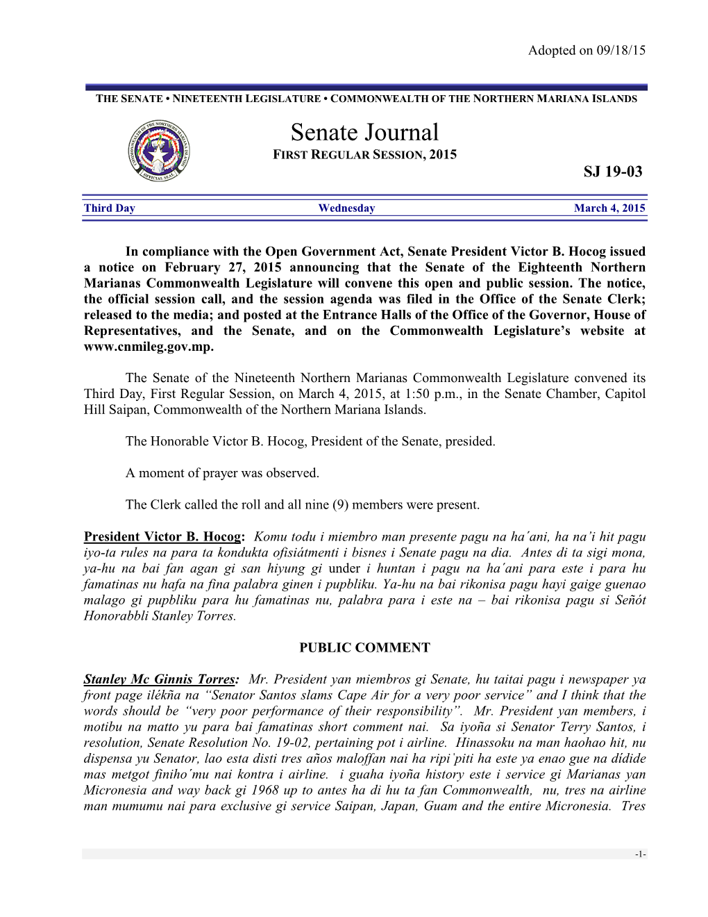 Senate Journal FIRST REGULAR SESSION, 2015 SJ 19-03