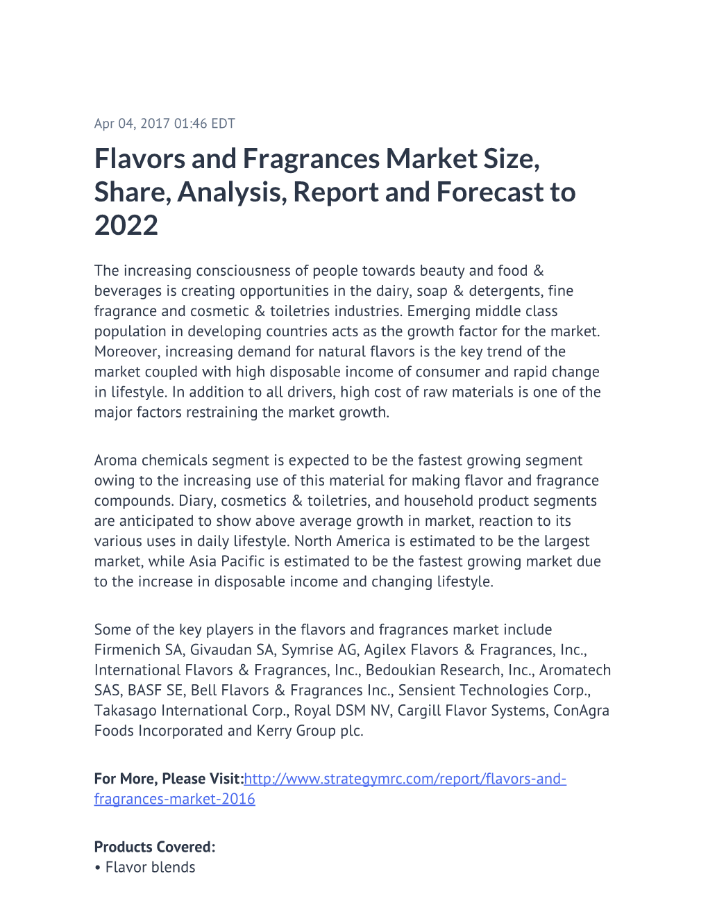 Flavors and Fragrances Market Size, Share, Analysis, Report and Forecast to 2022