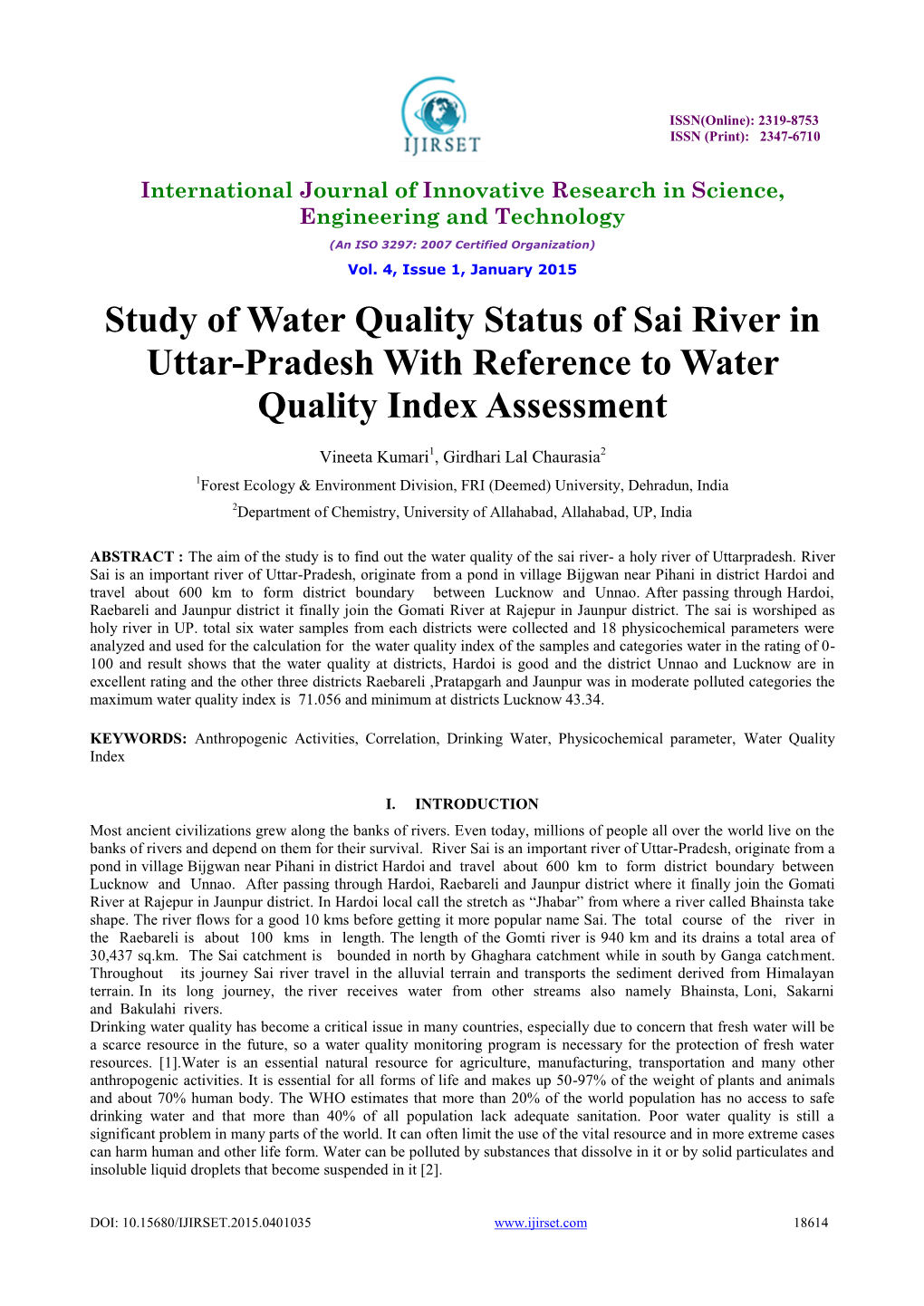 Study of Water Quality Status of Sai River in Uttar-Pradesh with Reference to Water Quality Index Assessment