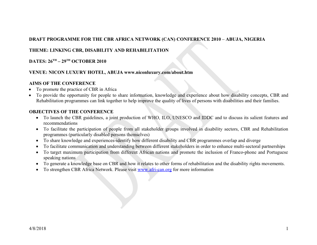 Draft Programme for the Cbr Africa Network (Can) Conference 2010 Abuja, Nigeria