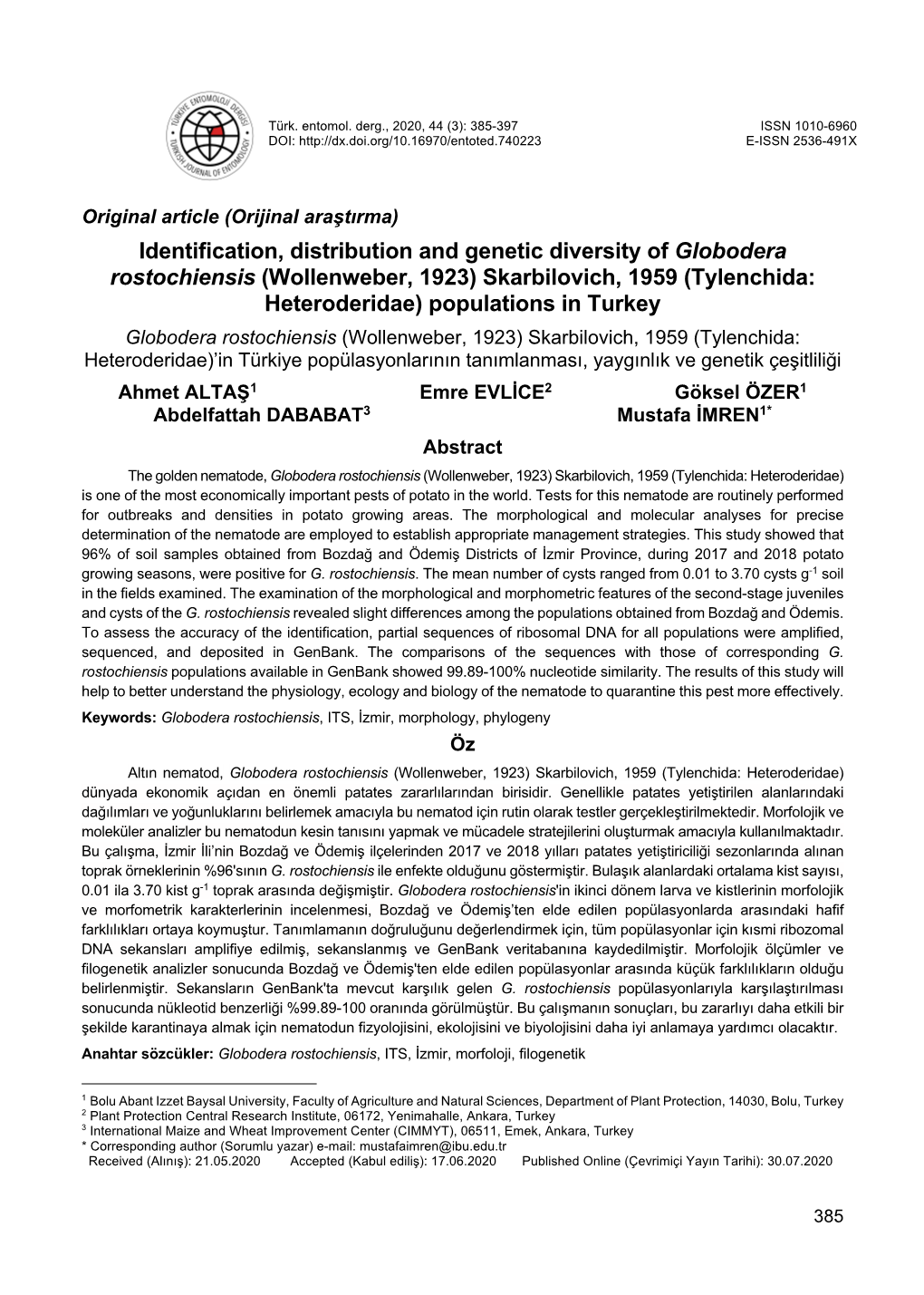 Identification, Distribution and Genetic Diversity of Globodera