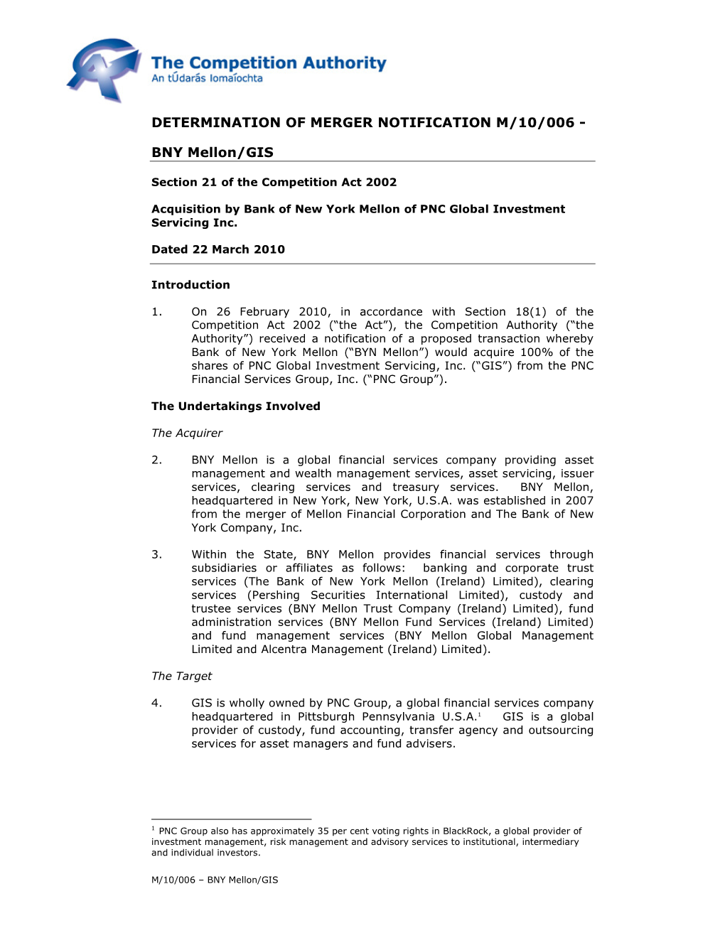 Determination of Merger Notification M/10/006