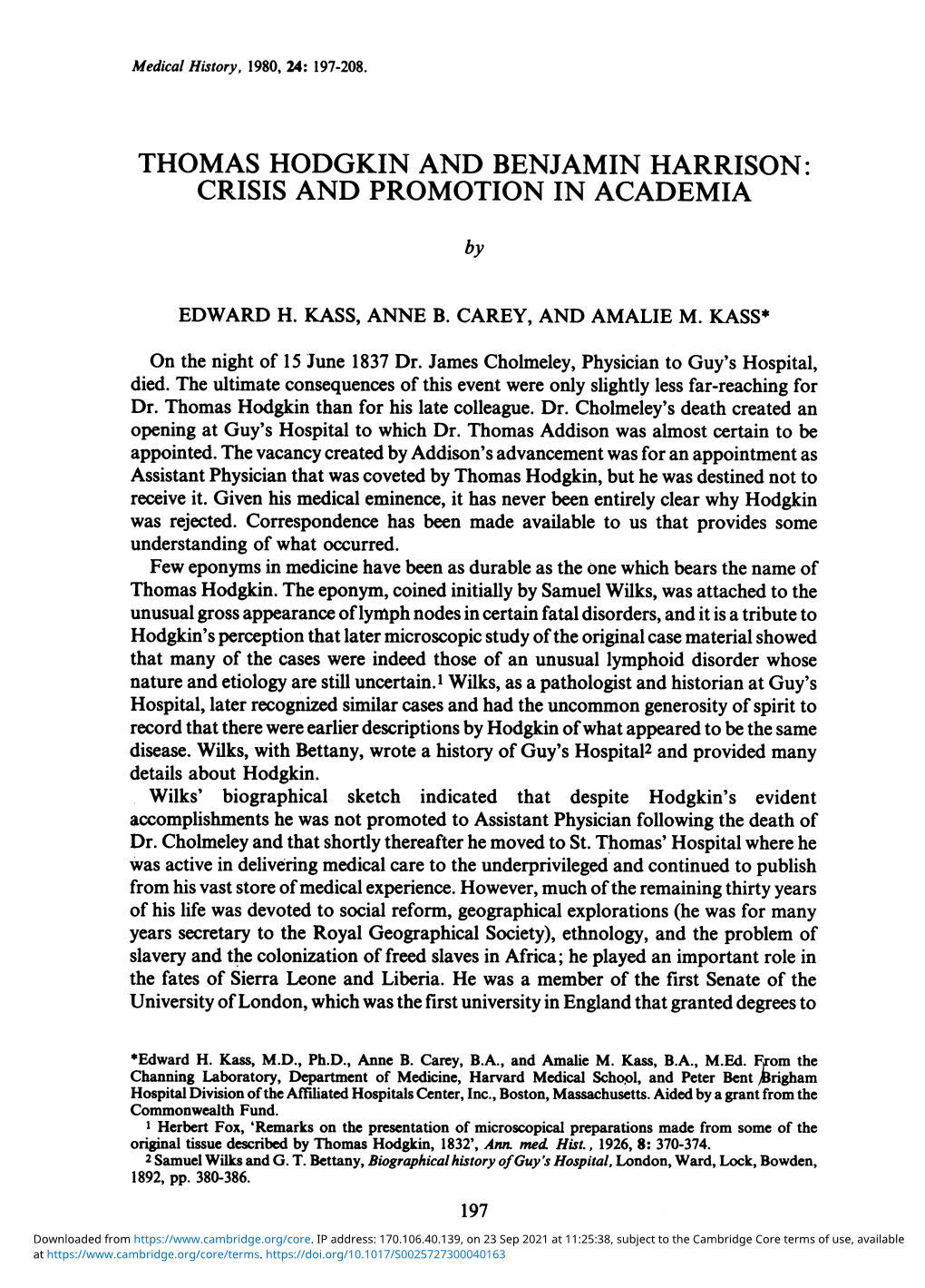 Thomas Hodgkin and Benjamin Harrison: Crisis and Promotion in Academia