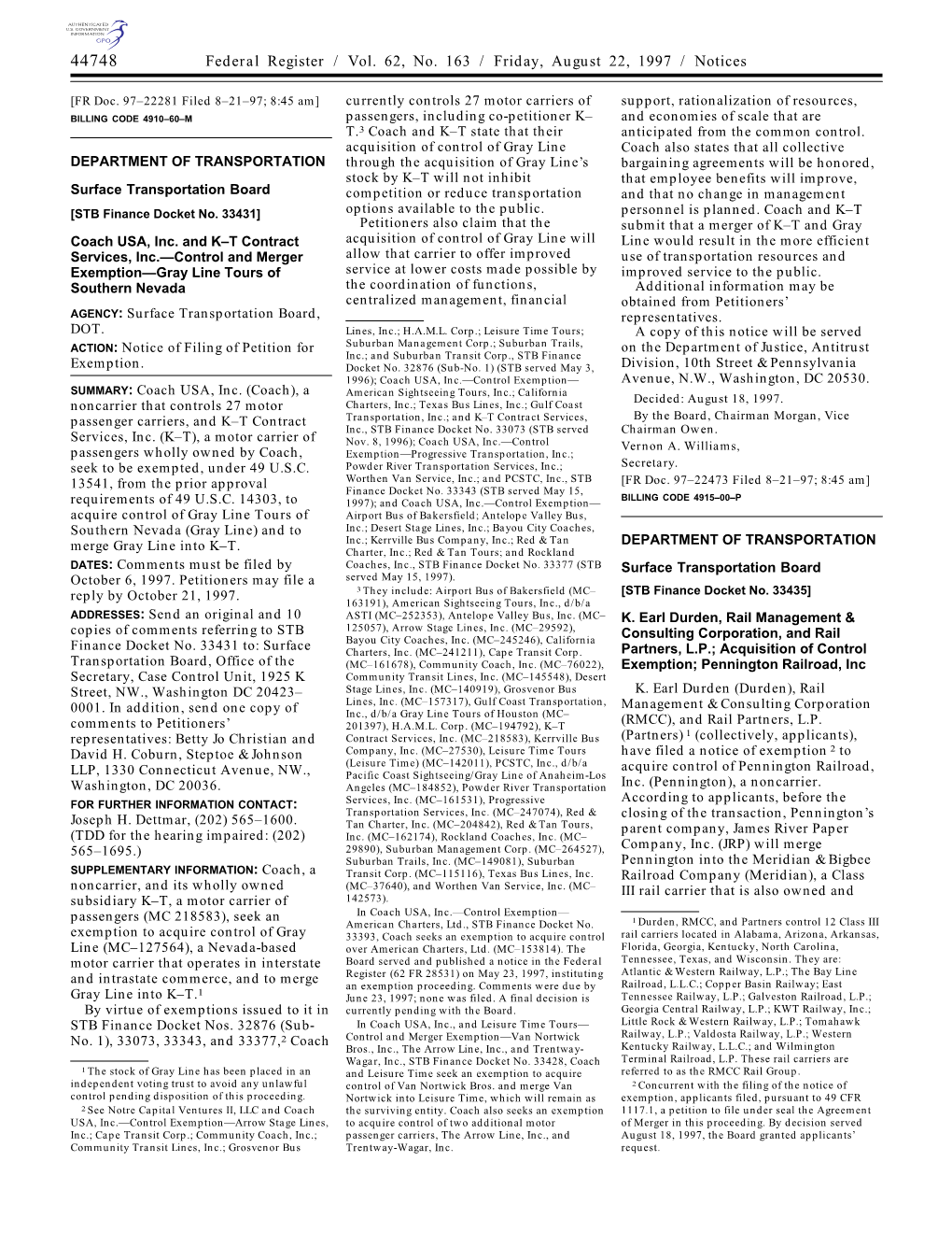 Federal Register / Vol. 62, No. 163 / Friday, August 22, 1997 / Notices