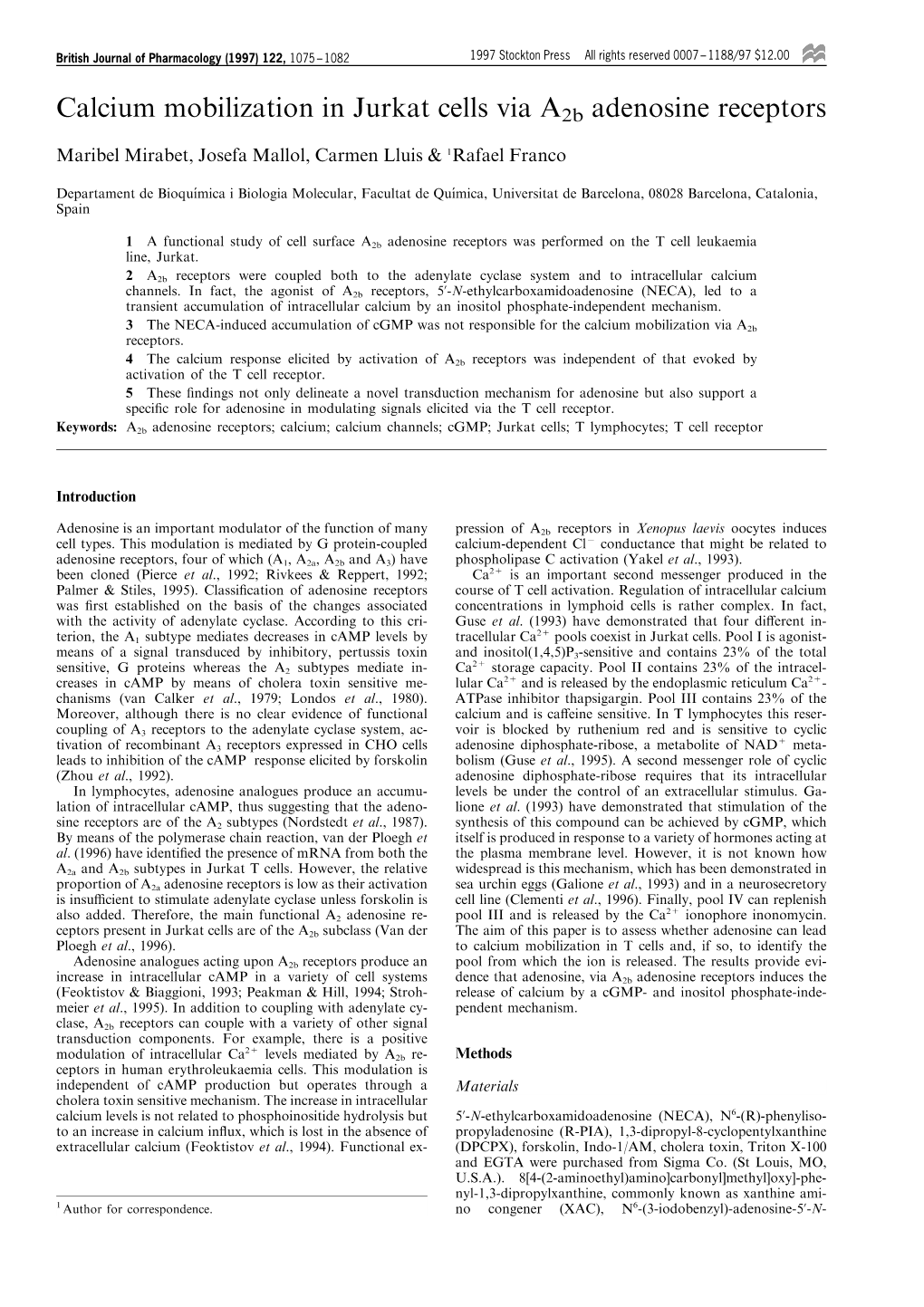 Calcium Mobilization in Jurkat Cells Via A2b Adenosine Receptors