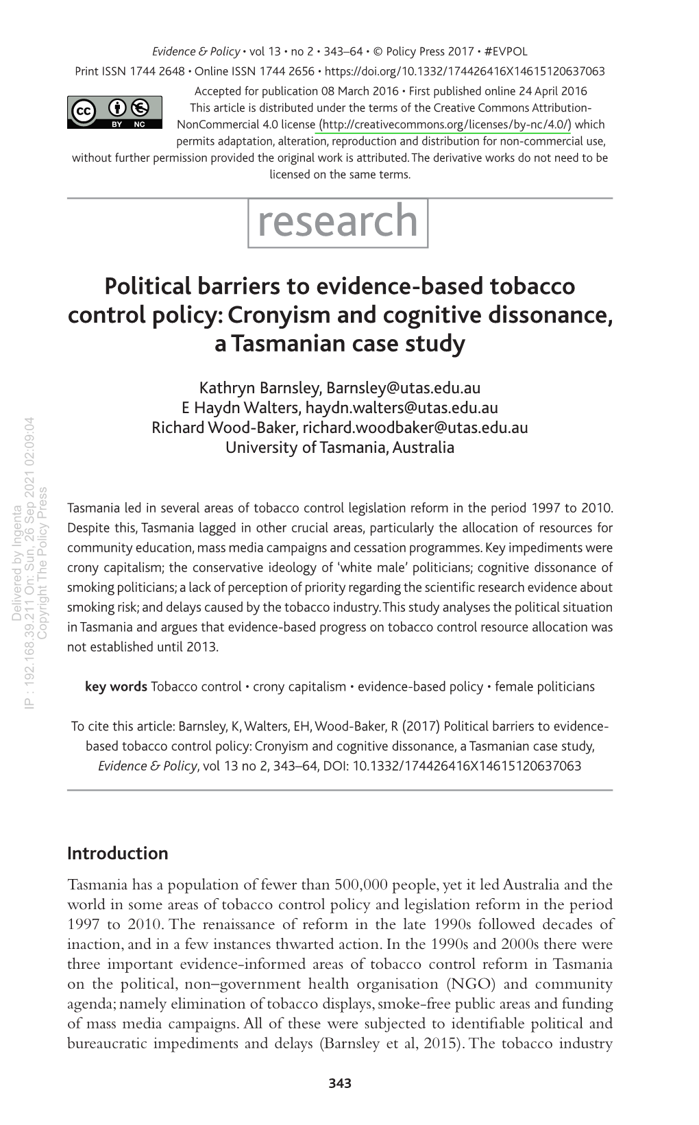 Political Barriers to Evidence-Based Tobacco Control