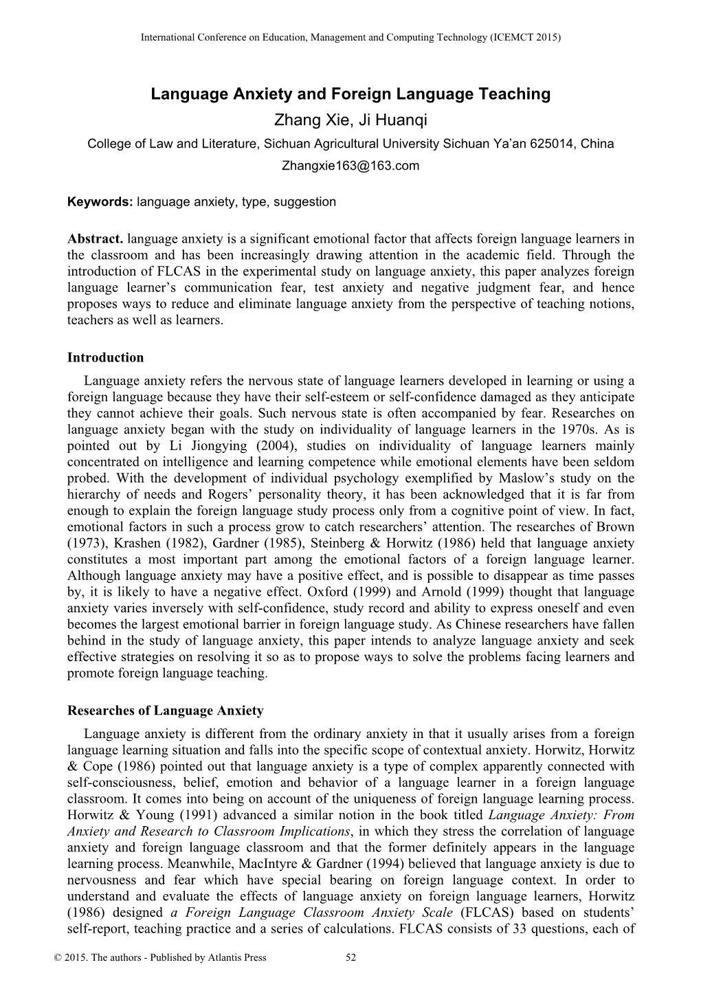 Language Anxiety and Foreign Language Teaching Zhang Xie, Ji