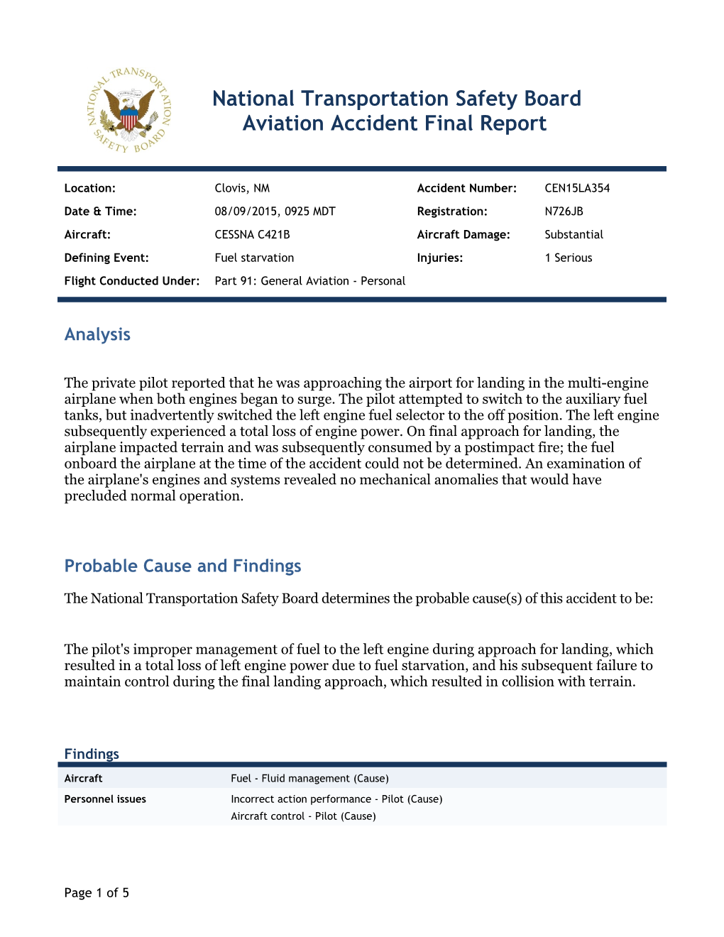 National Transportation Safety Board Aviation Accident Final Report