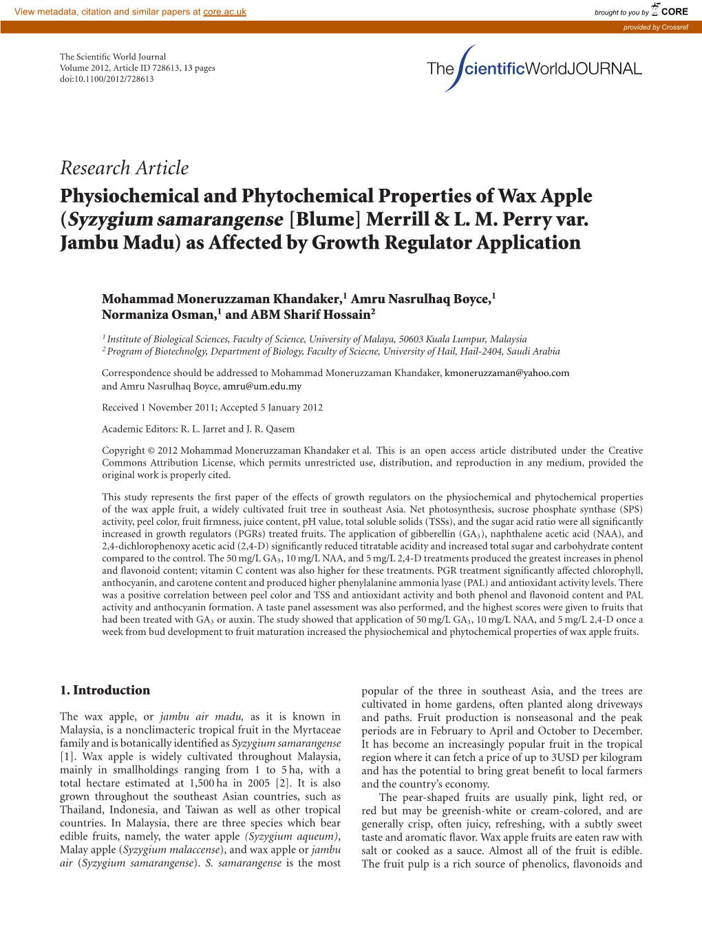 Research Article Physiochemical and Phytochemical Properties of Wax Apple (Syzygium Samarangense [Blume] Merrill & L