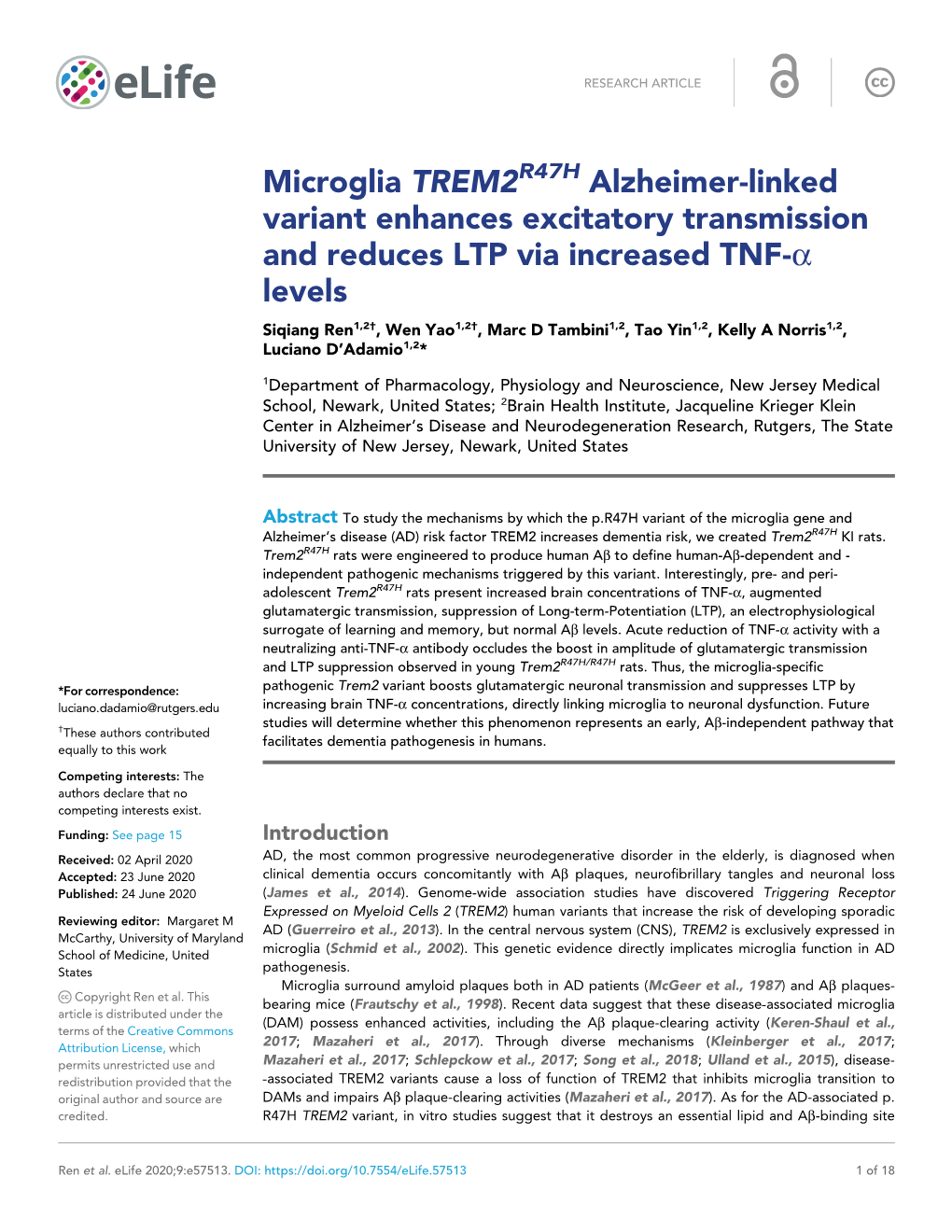 Microglia TREM2 Alzheimer-Linked Variant Enhances Excitatory