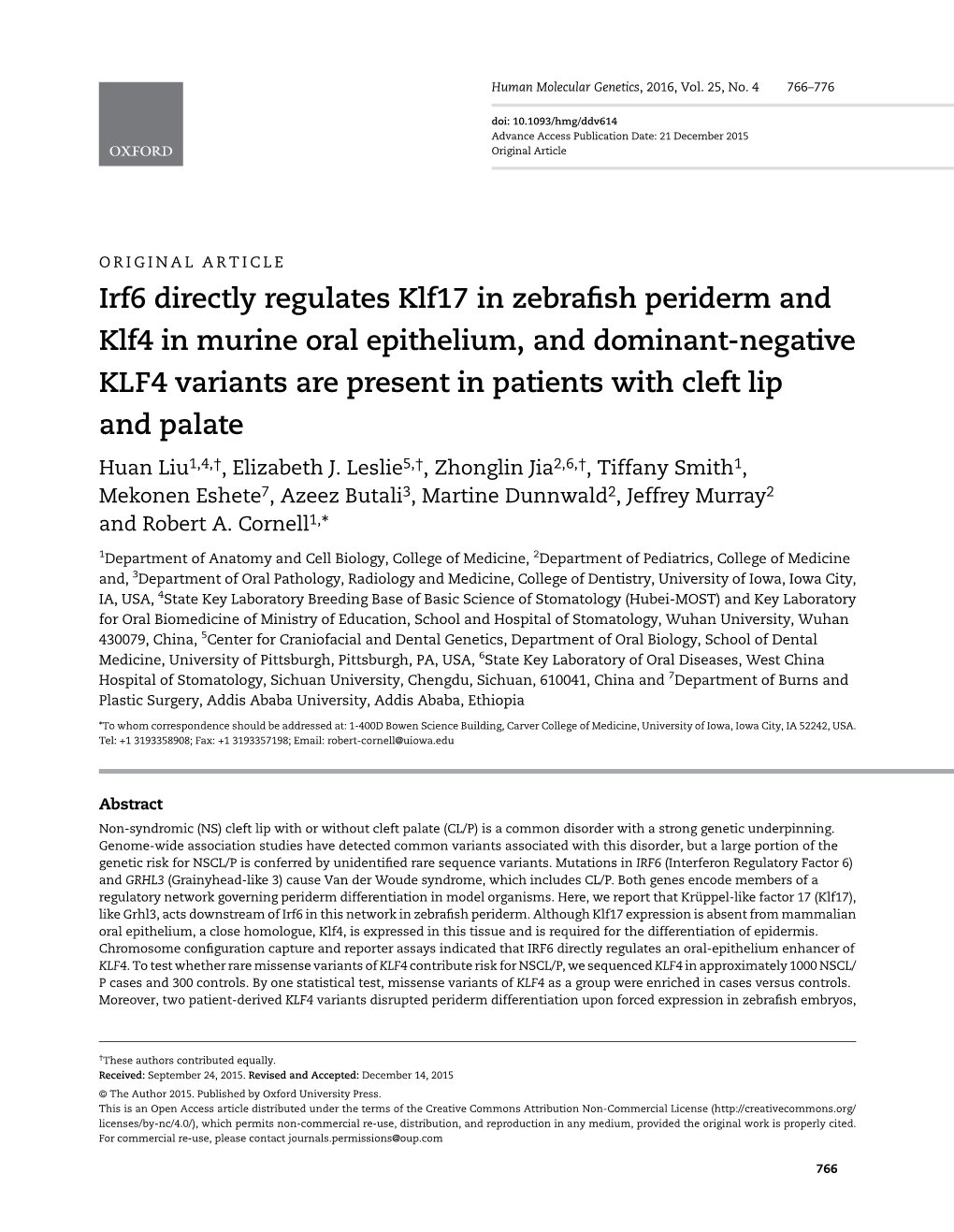 Irf6 Directly Regulates Klf17 in Zebrafish Periderm and Klf4 In