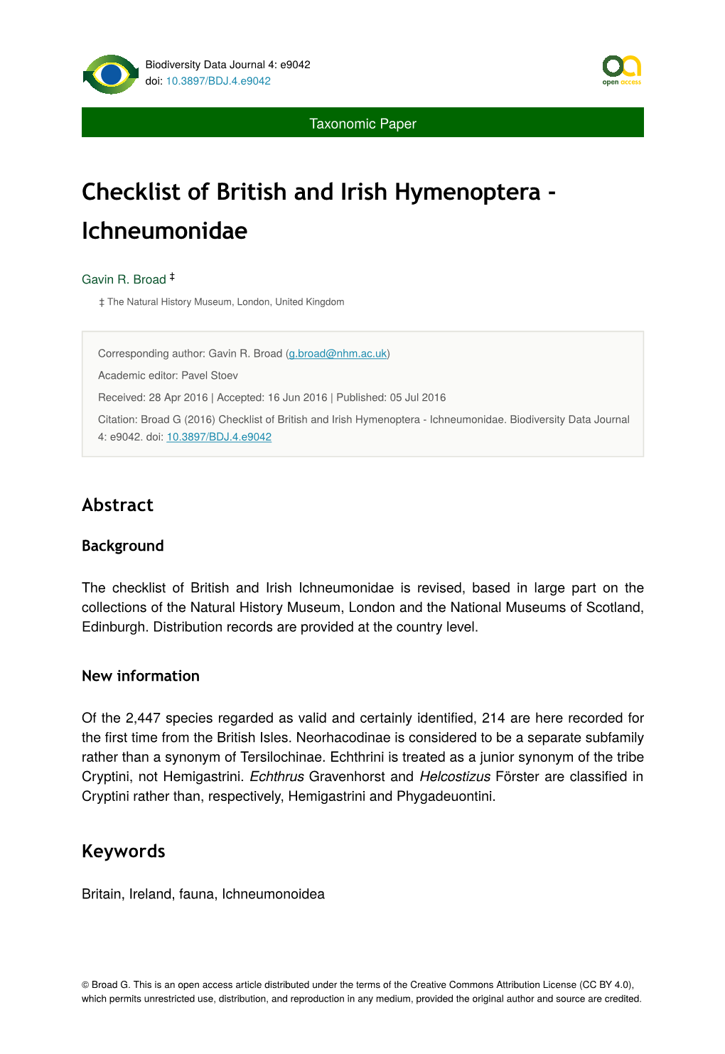 Checklist of British and Irish Hymenoptera - Ichneumonidae