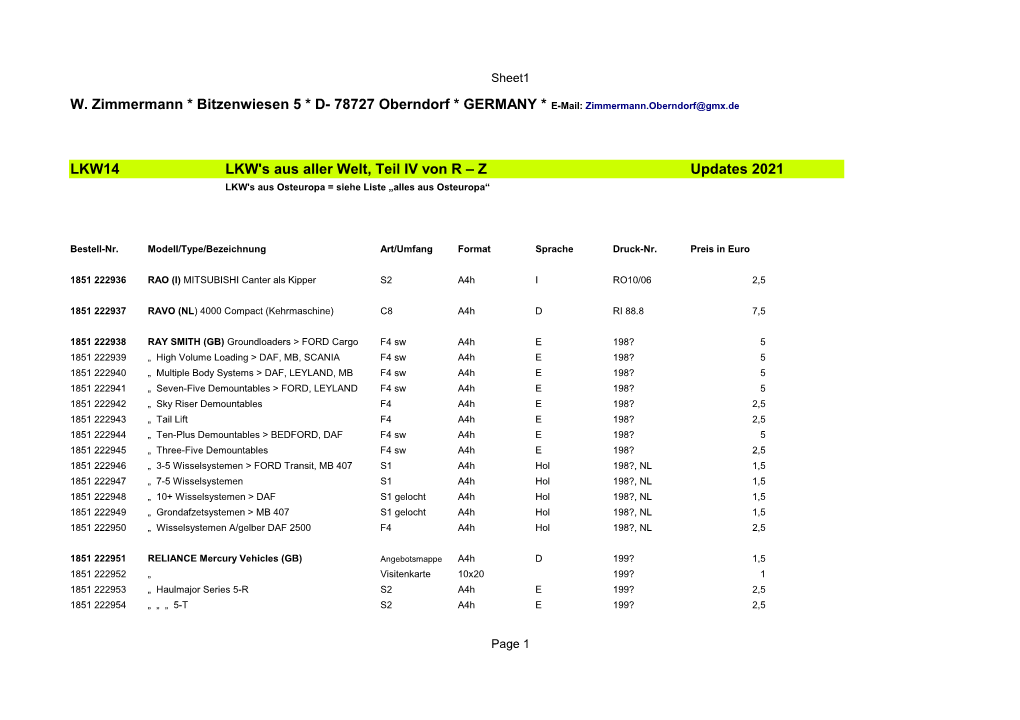 LKW14 LKW's Aus Aller Welt, Teil IV Von R – Z Updates 2021 LKW's Aus Osteuropa = Siehe Liste „Alles Aus Osteuropa“