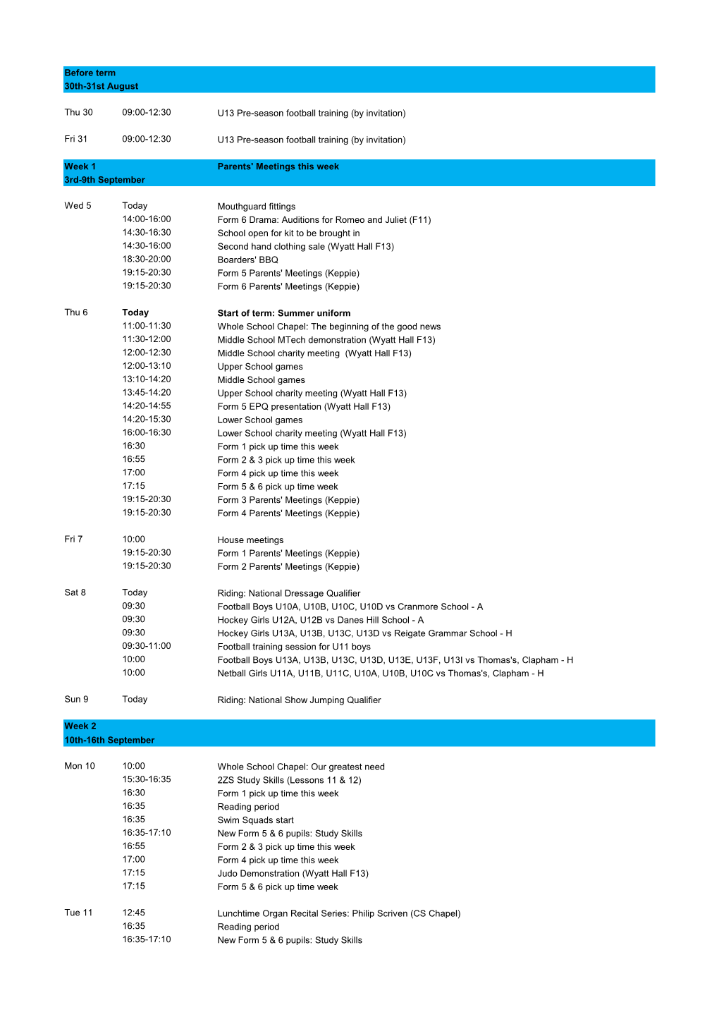 Before Term 30Th-31St August Thu 30 09