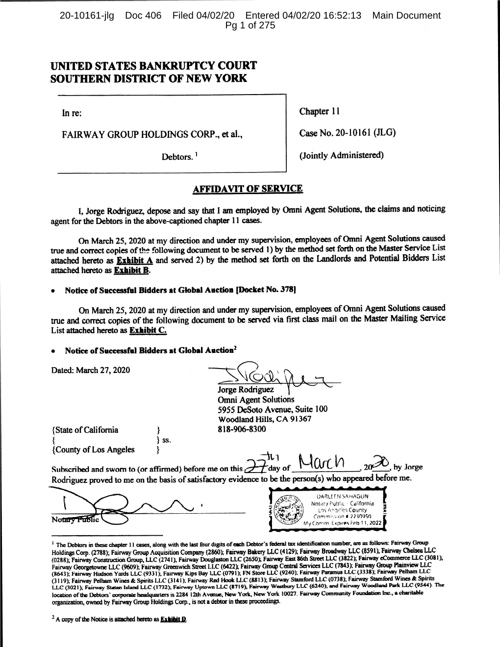 UNITED STATES BANKRUPTCY COURT SOUTHERN DISTRICT of NEW YORK ------X : in Re : Chapter 11 : FAIRWAY GROUP HOLDINGS CORP., Et Al., : Case No