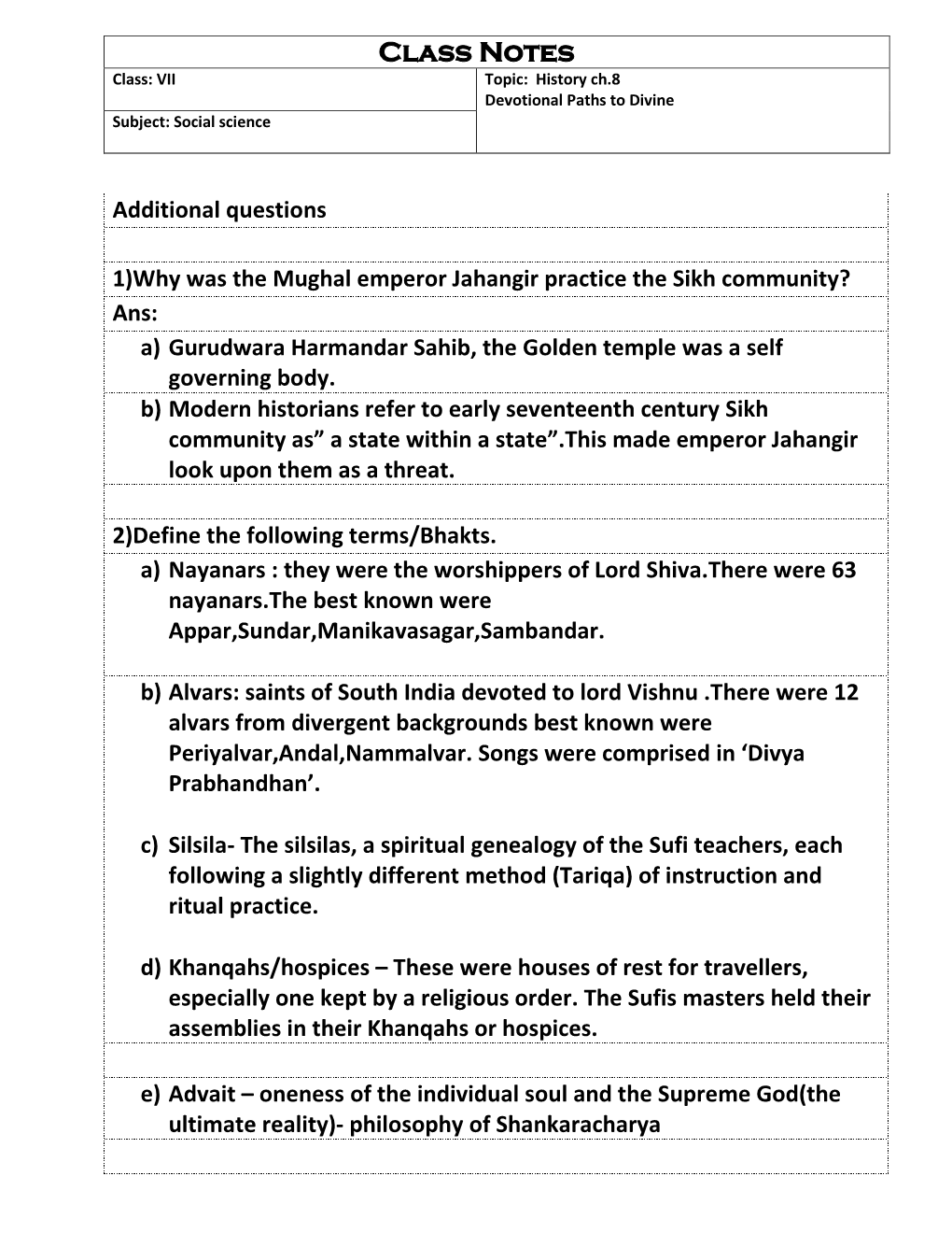 Class Notes Class: VII Topic: History Ch.8 Devotional Paths to Divine Subject: Social Science