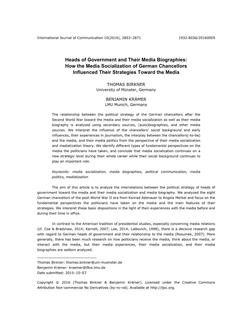 Heads of Government and Their Media Biographies: How the Media Socialization of German Chancellors Influenced Their Strategies Toward the Media