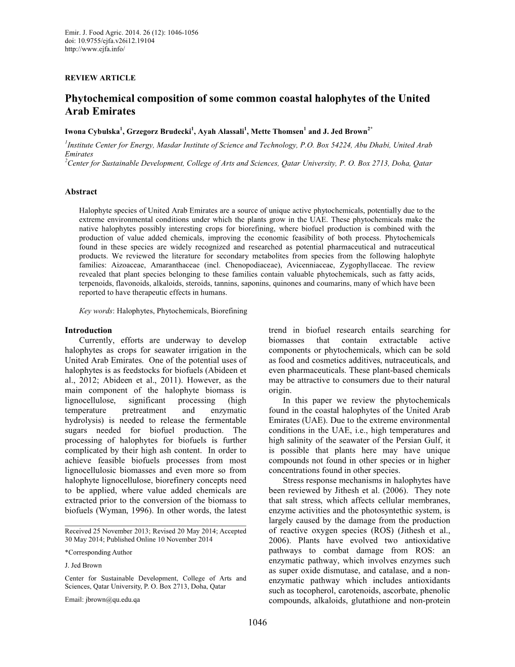 Phytochemical Composition of Some Common Coastal Halophytes of the United Arab Emirates