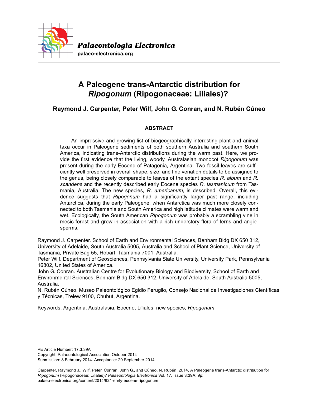 A Paleogene Trans-Antarctic Distribution for Ripogonum (Ripogonaceae: Liliales)?