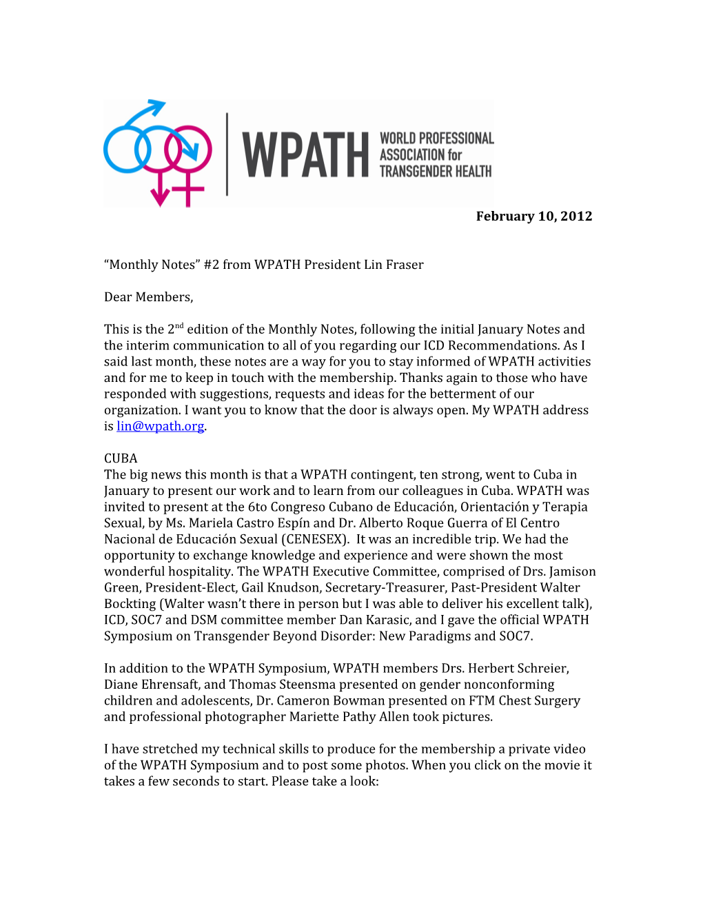 Monthly Notes #2 from WPATH President Lin Fraser