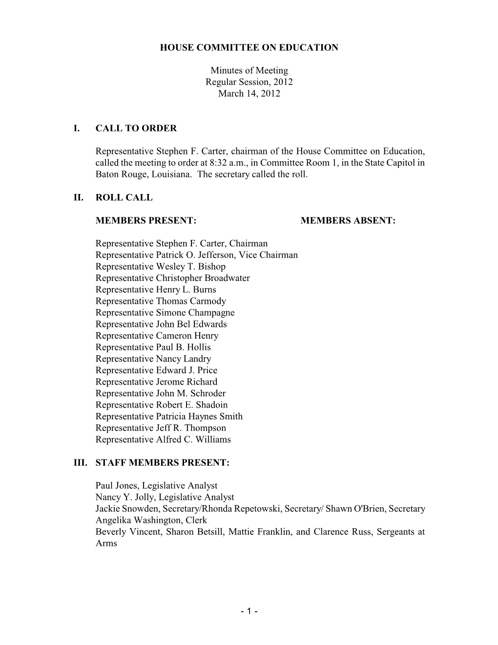 HOUSE COMMITTEE on EDUCATION Minutes of Meeting