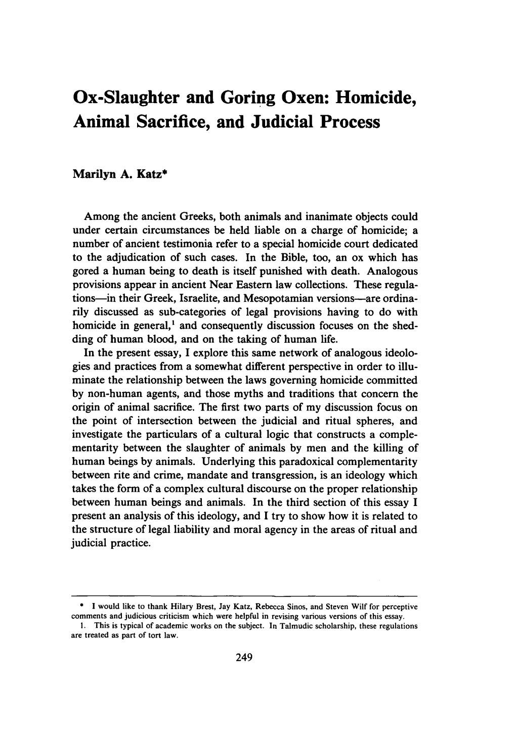 Ox-Slaughter and Goring Oxen: Homicide, Animal Sacrifice, and Judicial Process