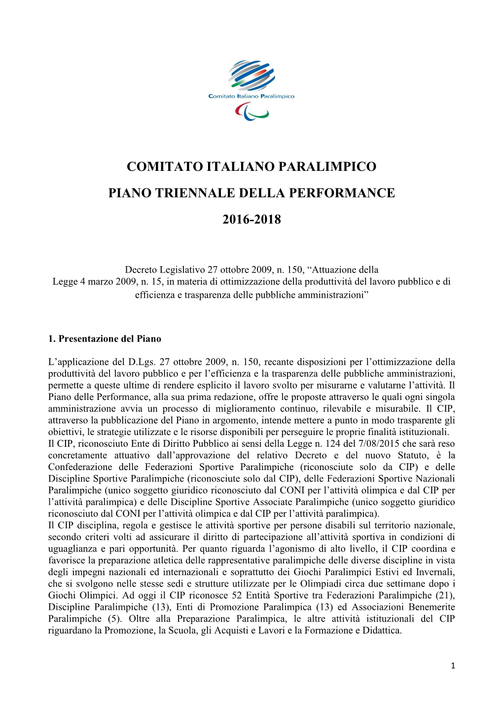 Comitato Italiano Paralimpico Piano Triennale Della Performance 2016-2018